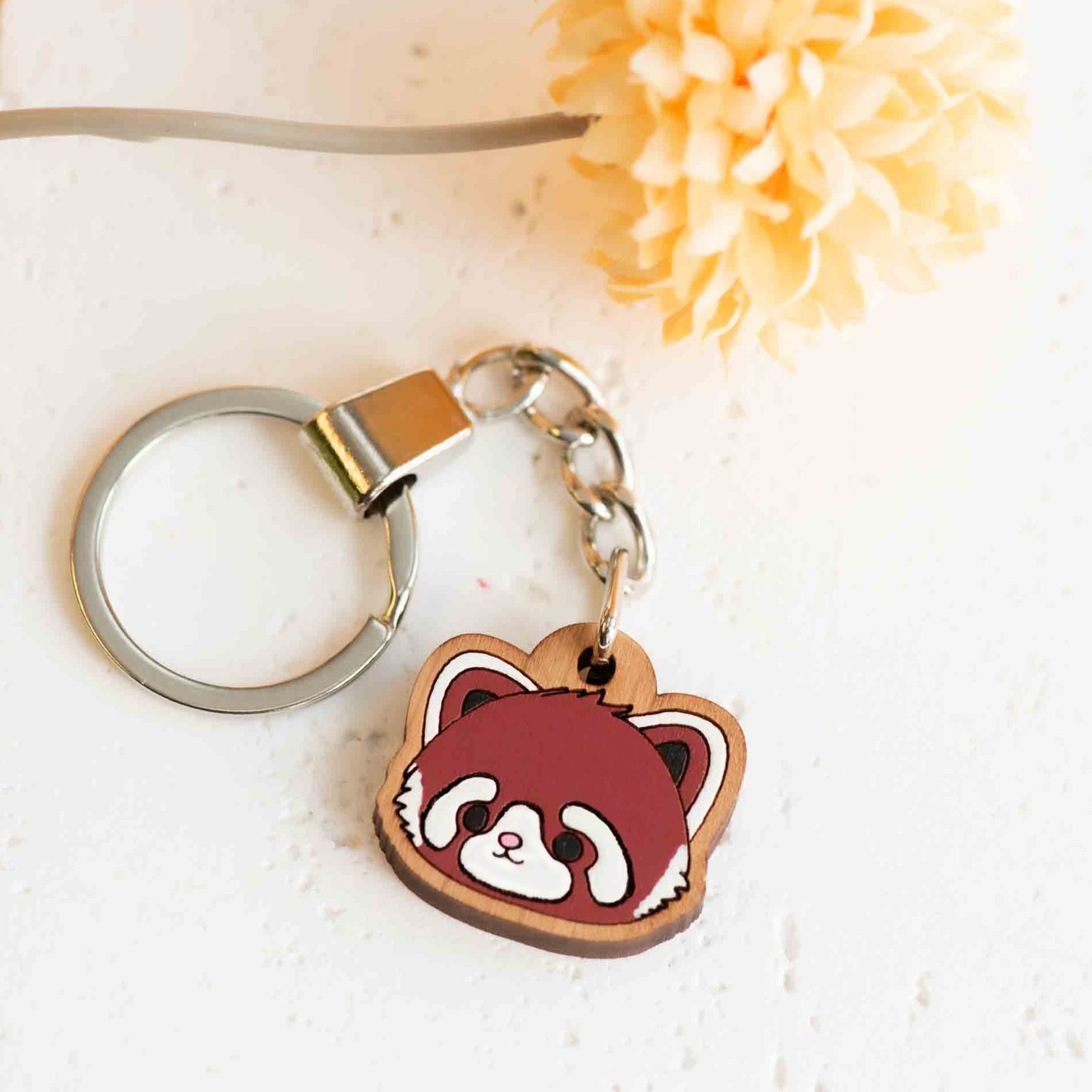 Hand - painted Fluffy Red Panda Wooden Keyring - KL20213 - Robin Valley Official Store