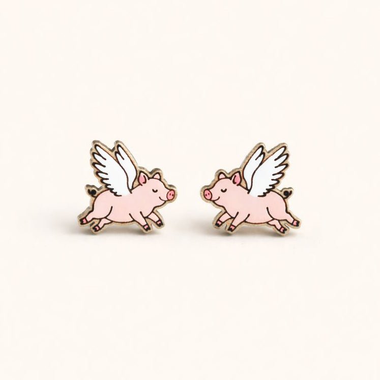 Hand - painted Flying Piggy Wooden Earrings - Robin Valley Official Store