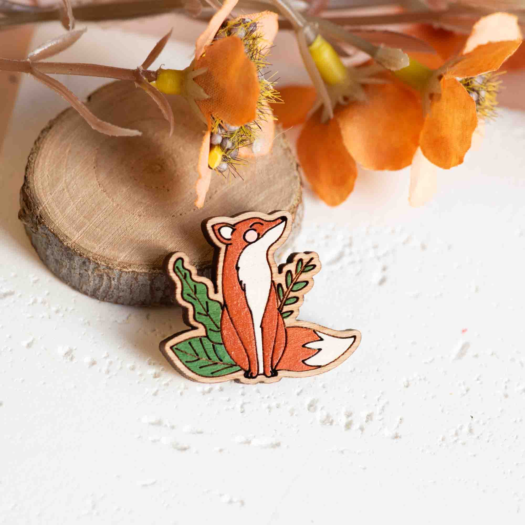 Hand - painted Fox in Woods Wooden Pin Badge - Robin Valley Official Store