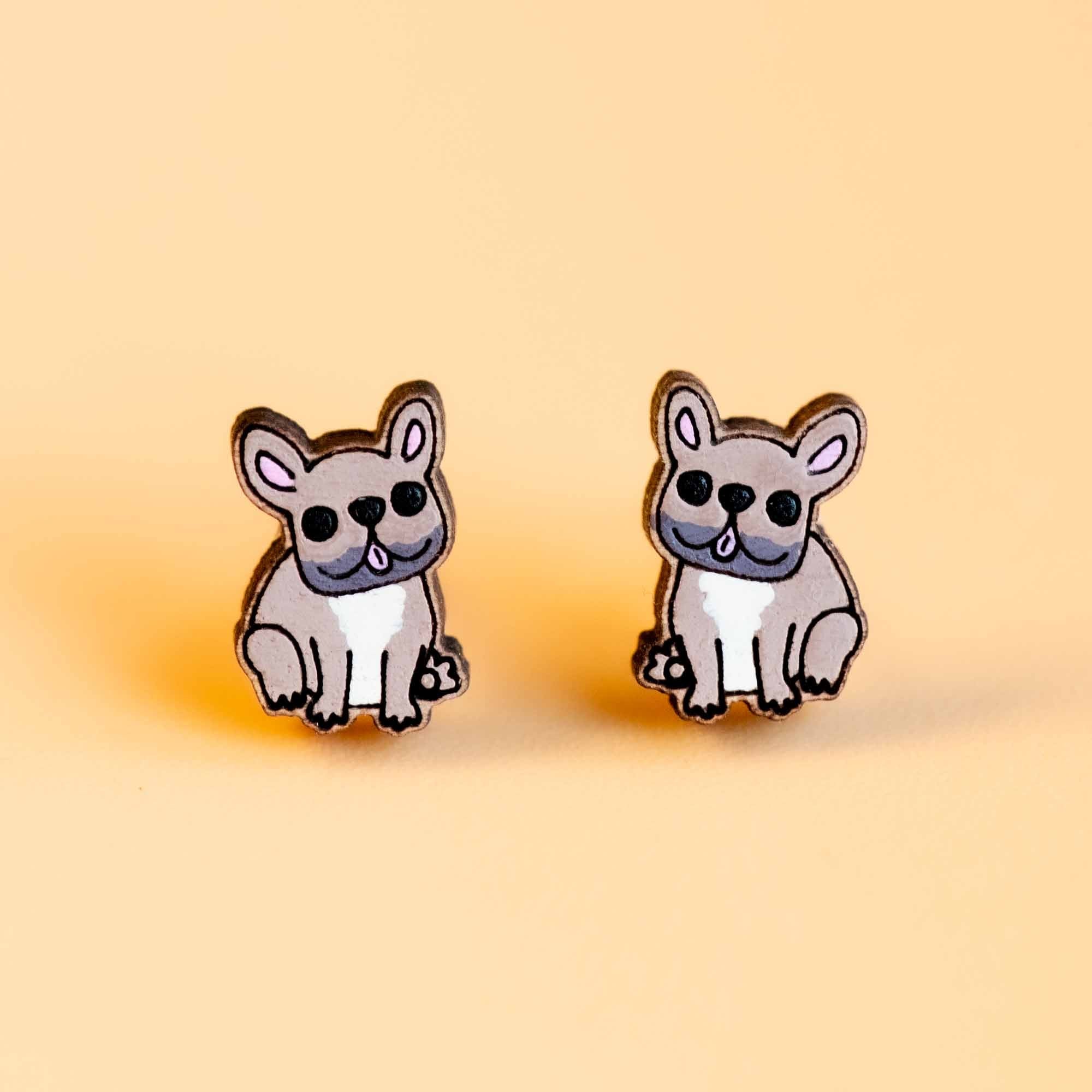 Hand - painted French Bull Dog Wooden Earrings - PEL10281 - Robin Valley Official Store
