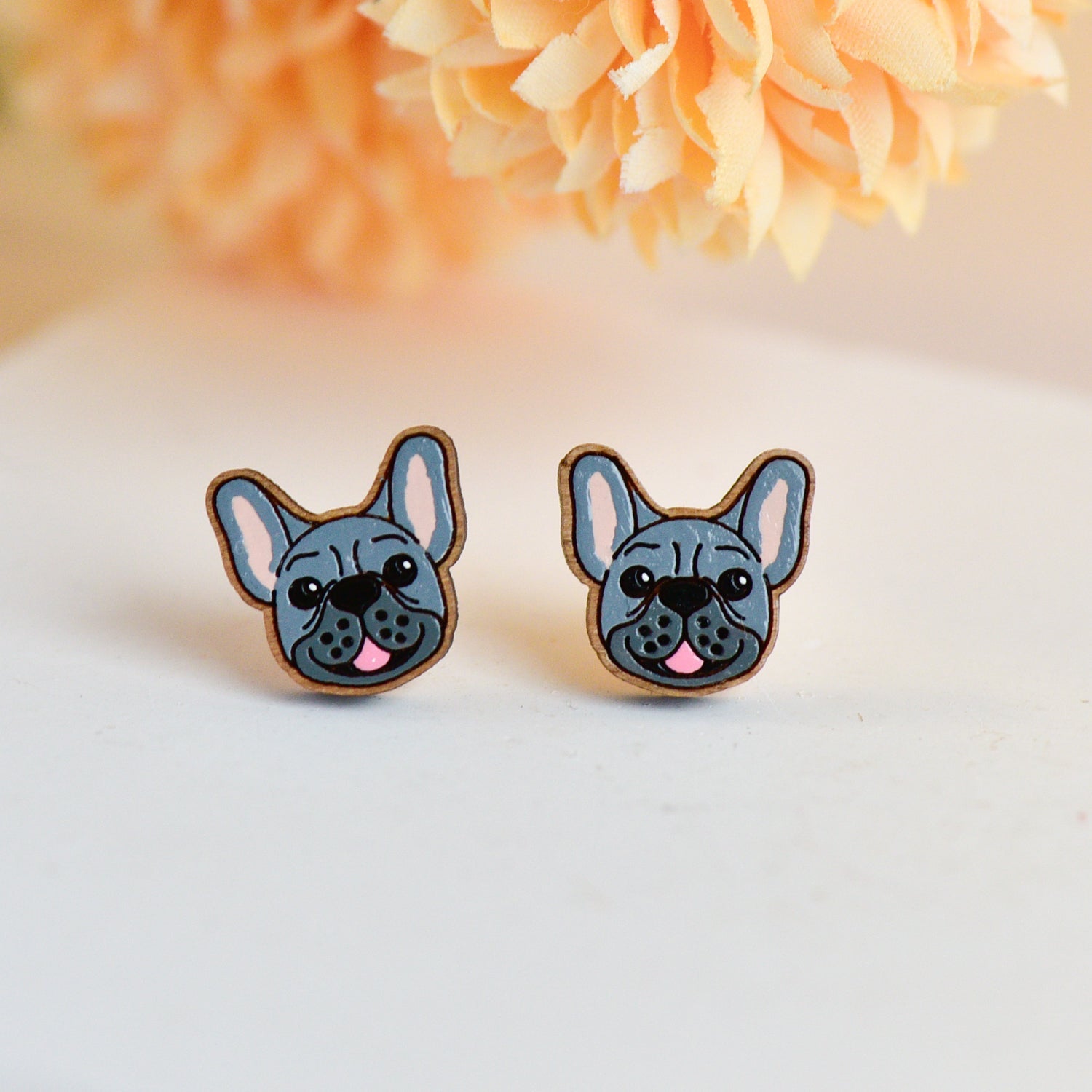 Hand - painted French Bulldog Wooden Earrings - PEL10512 - Robin Valley Official Store