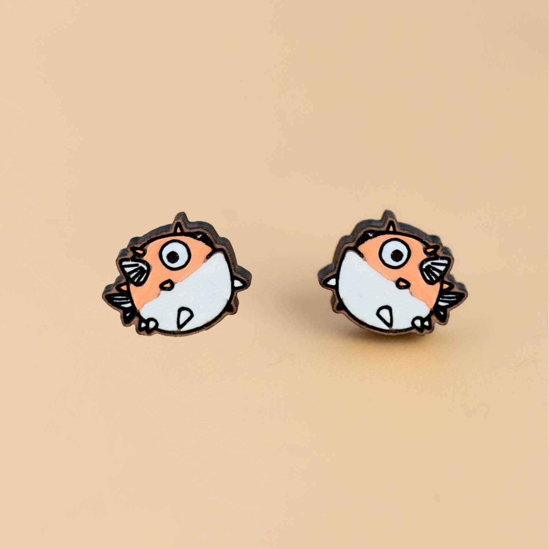 Hand - painted Funny Pufferfish Wooden Earrings - PES13037 - Robin Valley Official Store
