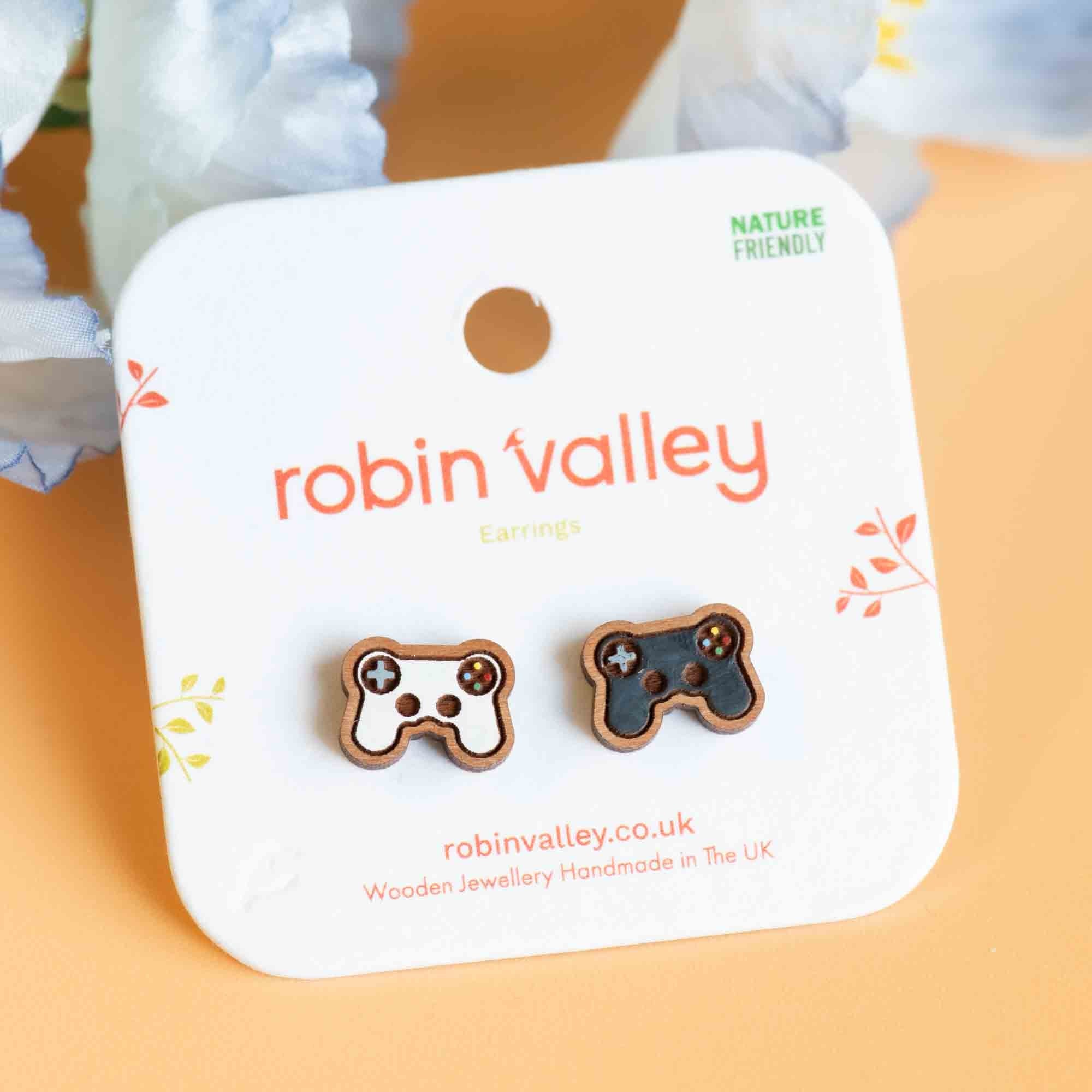 Hand - painted Gamepad Controller Wooden Stud Earrings - PET15062 - Robin Valley Official Store