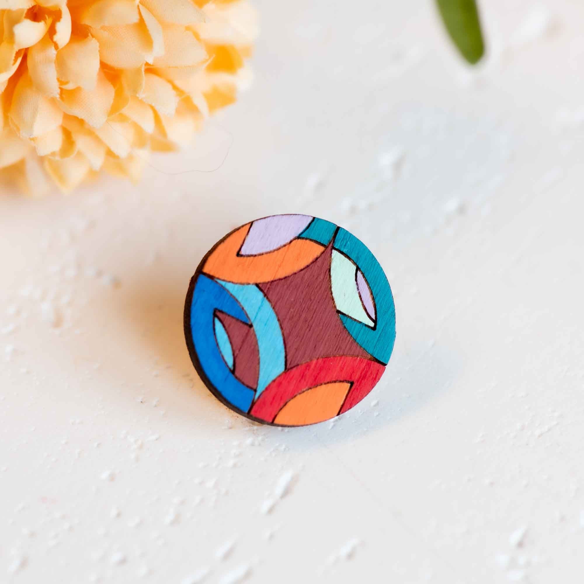 Hand - painted Geometric Pattern Wooden Pin Badge Inspired by Frank Stella - PT45122 - Robin Valley Official Store