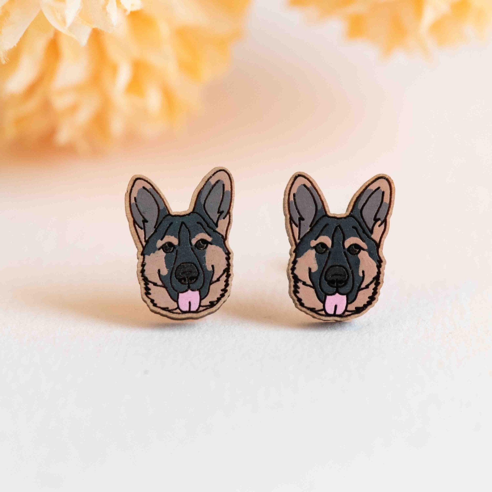 Hand - painted German Shepherd (Realistic) Wooden Stud Earrings - PEL10487 - Robin Valley Official Store