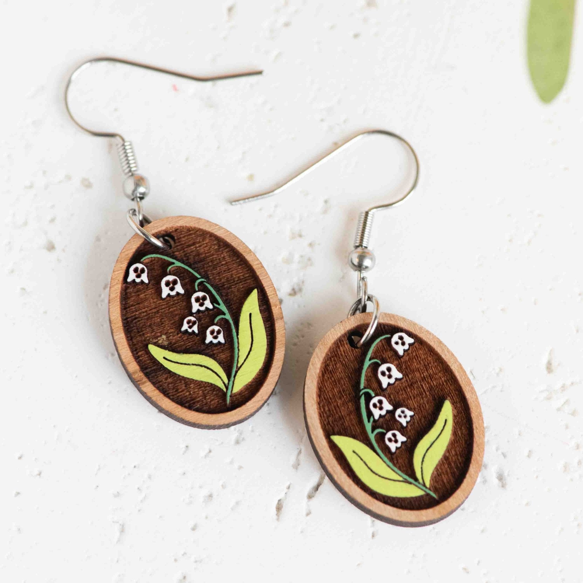 Hand - painted Ghost Lily of The Valley Wooden Hook Earrings - PET15500D - Robin Valley Official Store