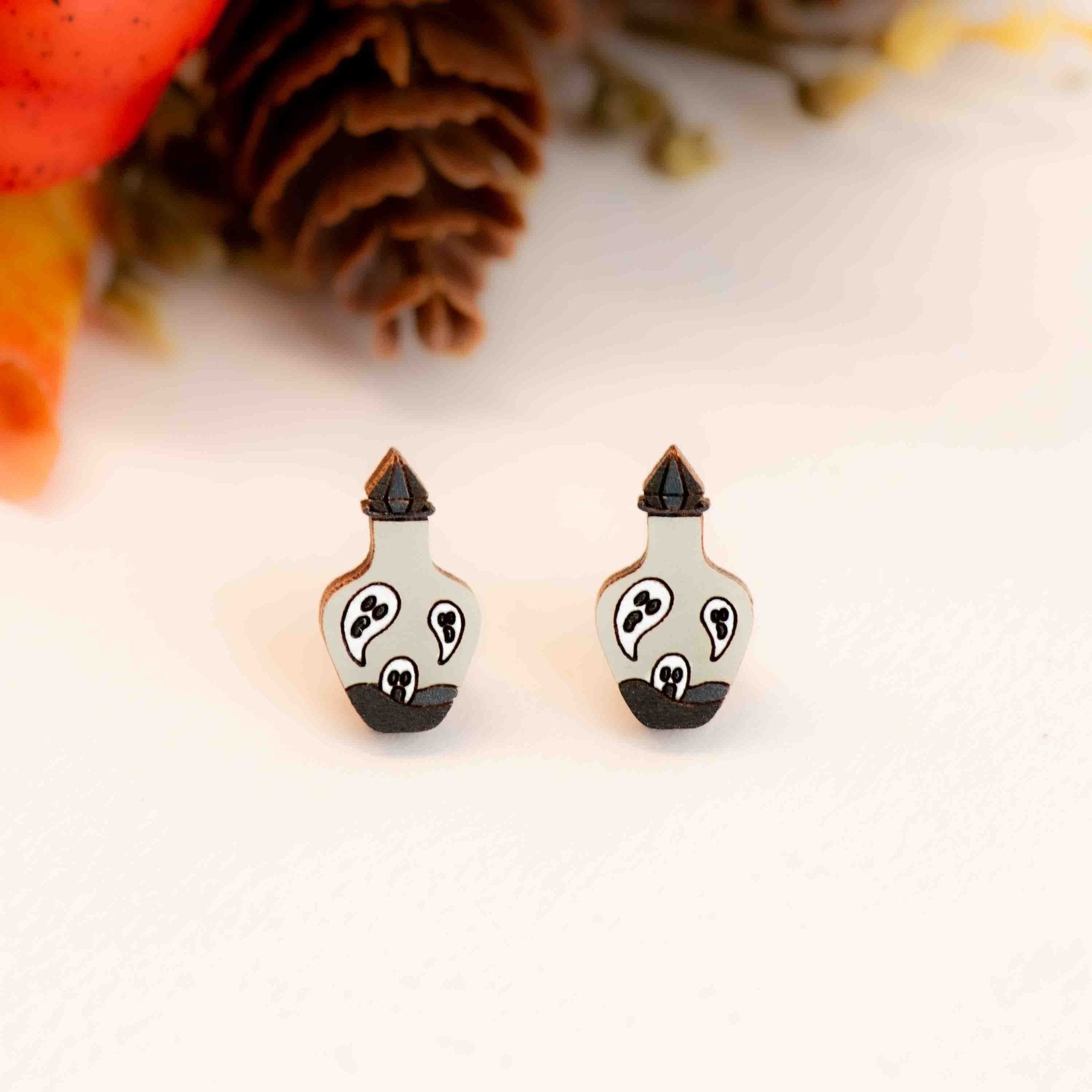 Hand - painted Ghost Potion Wooden Stud Earrings - PET15488 - Robin Valley Official Store