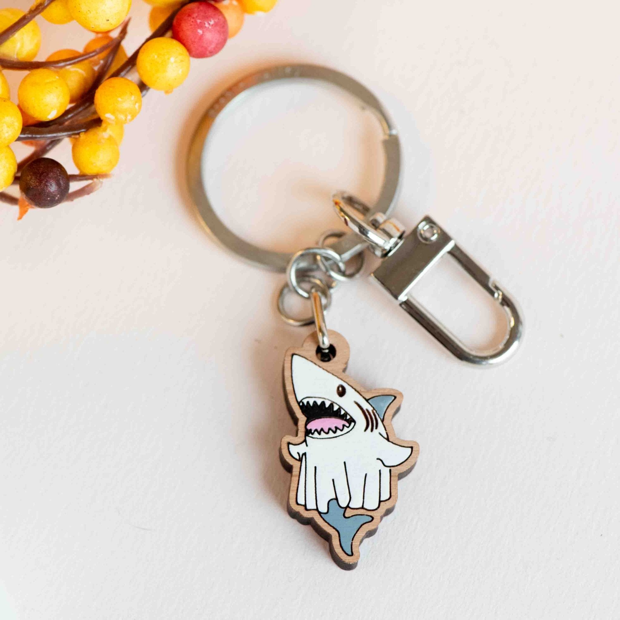 Hand - painted Ghost Shark Wooden Keyring - KS23137 - Robin Valley Official Store