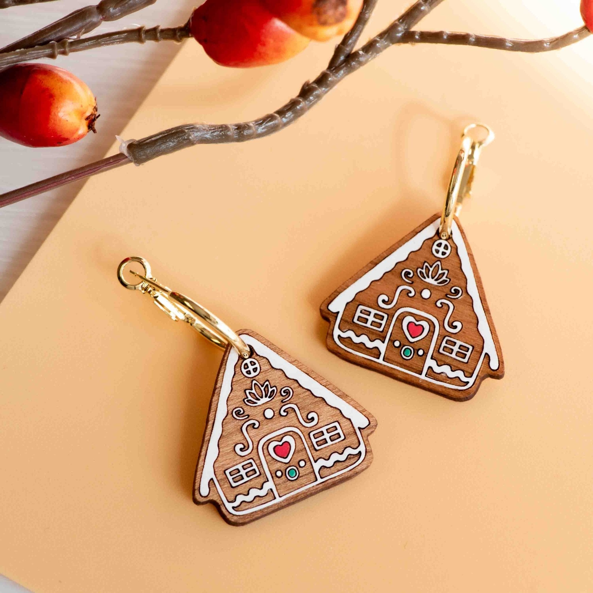 Hand - painted Gingerbread House Hoop Earrings - PET15336H - Robin Valley Official Store