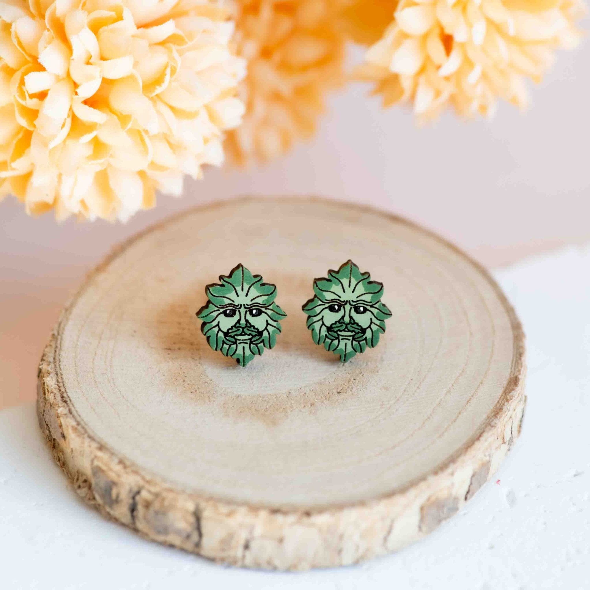 Hand - painted Green Man Wooden Stud Earrings - PEO14265 - Robin Valley Official Store