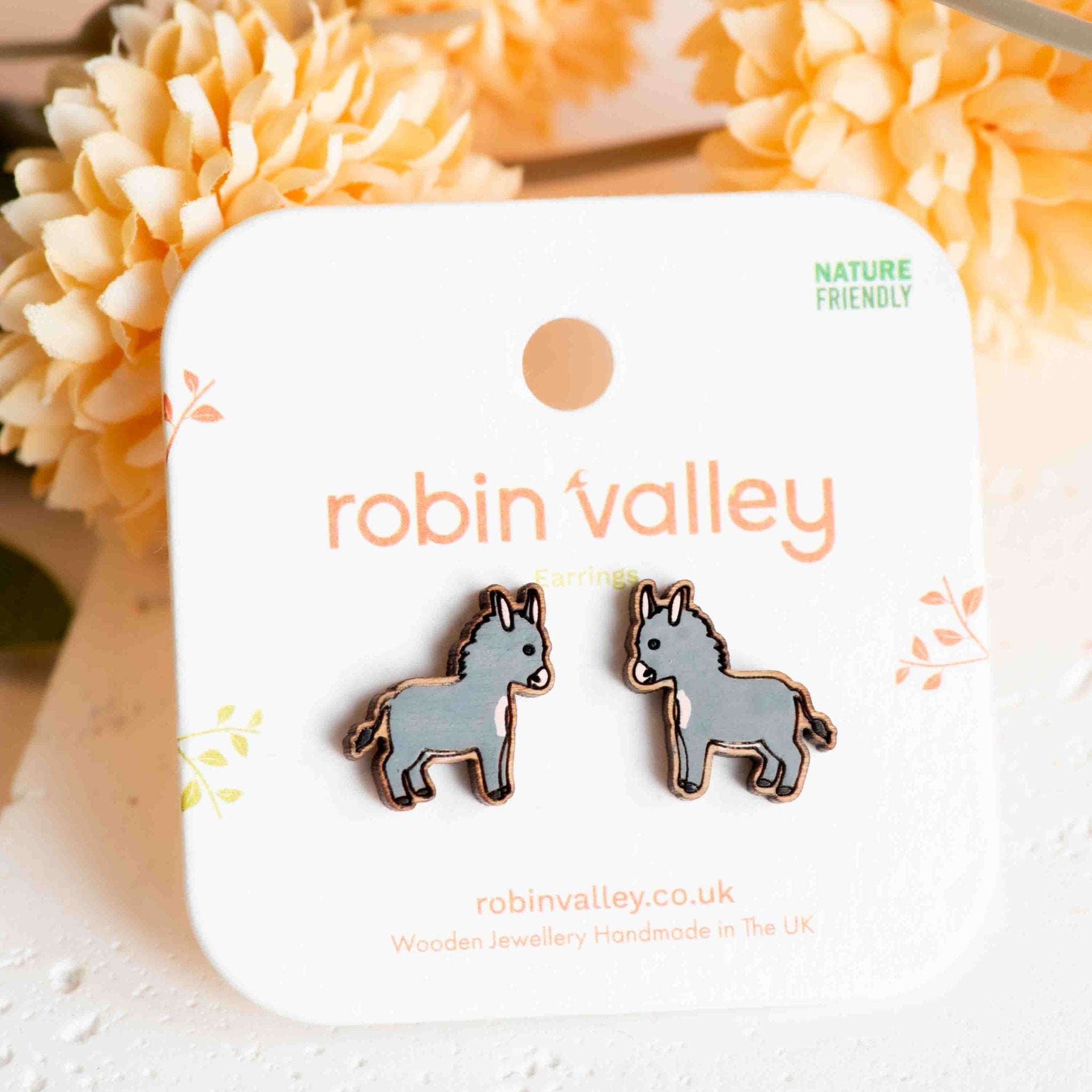 Hand - painted Grey Donkey Wooden Earrings - PEL10368 - Robin Valley Official Store