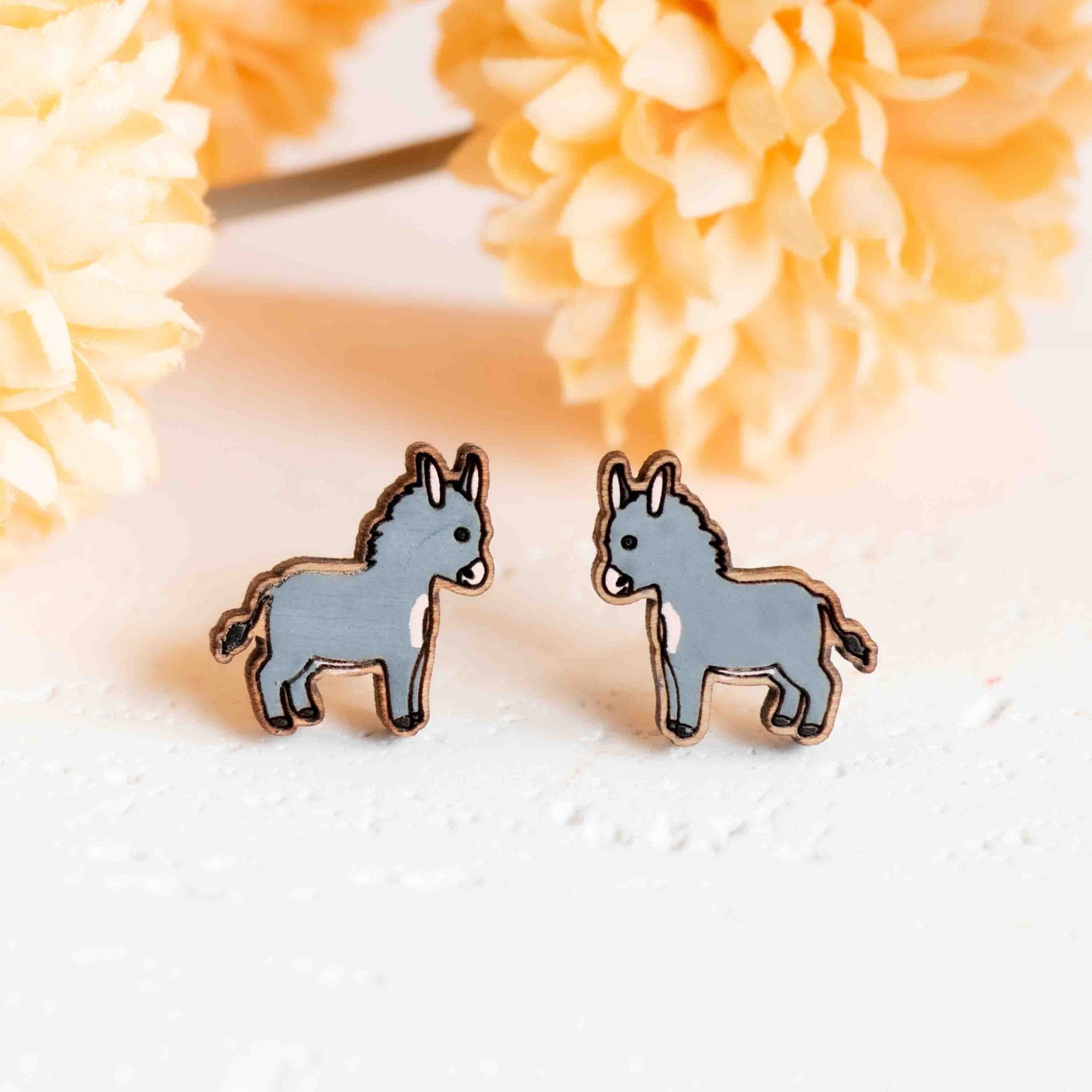 Hand - painted Grey Donkey Wooden Earrings - PEL10368 - Robin Valley Official Store