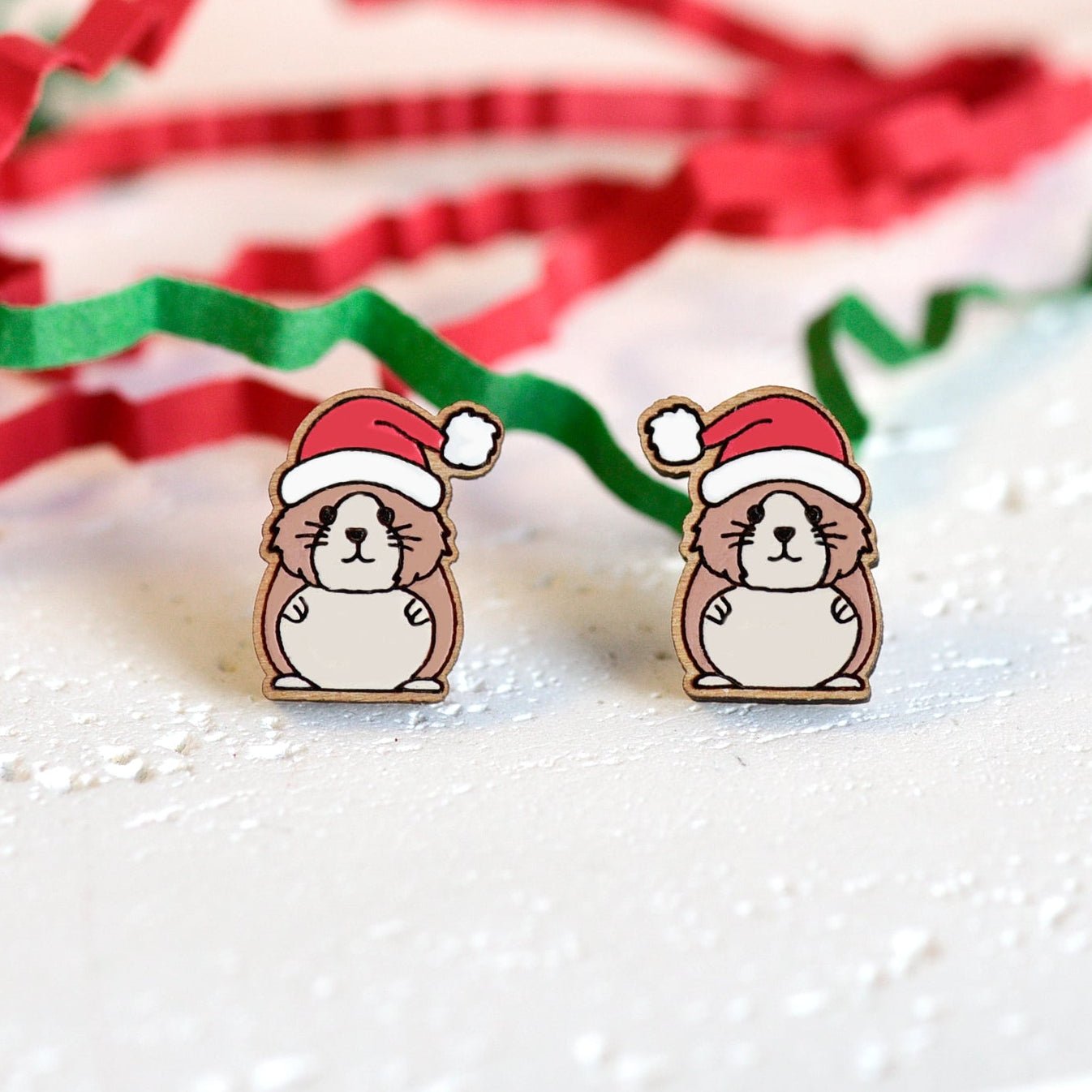 Hand - painted Hamster with Santa Hat Earrings - PEL10273 - Robin Valley Official Store