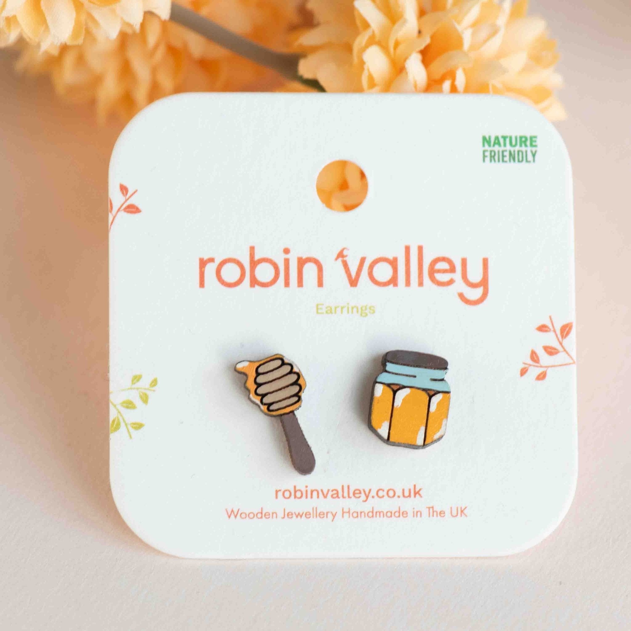 Hand - painted Honey Dipper Wooden Stud Earrings - PET15417 - Robin Valley Official Store