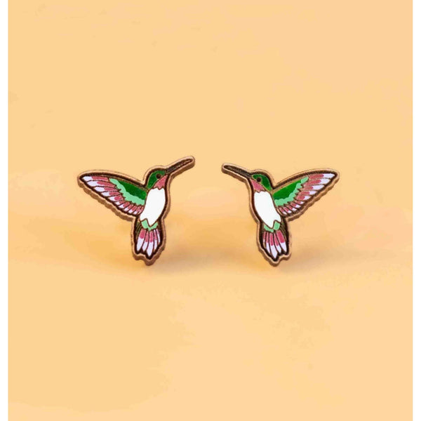 Hand - painted Humming Bird Wooden Stud Earrings - PEB12074 - Robin Valley Official Store