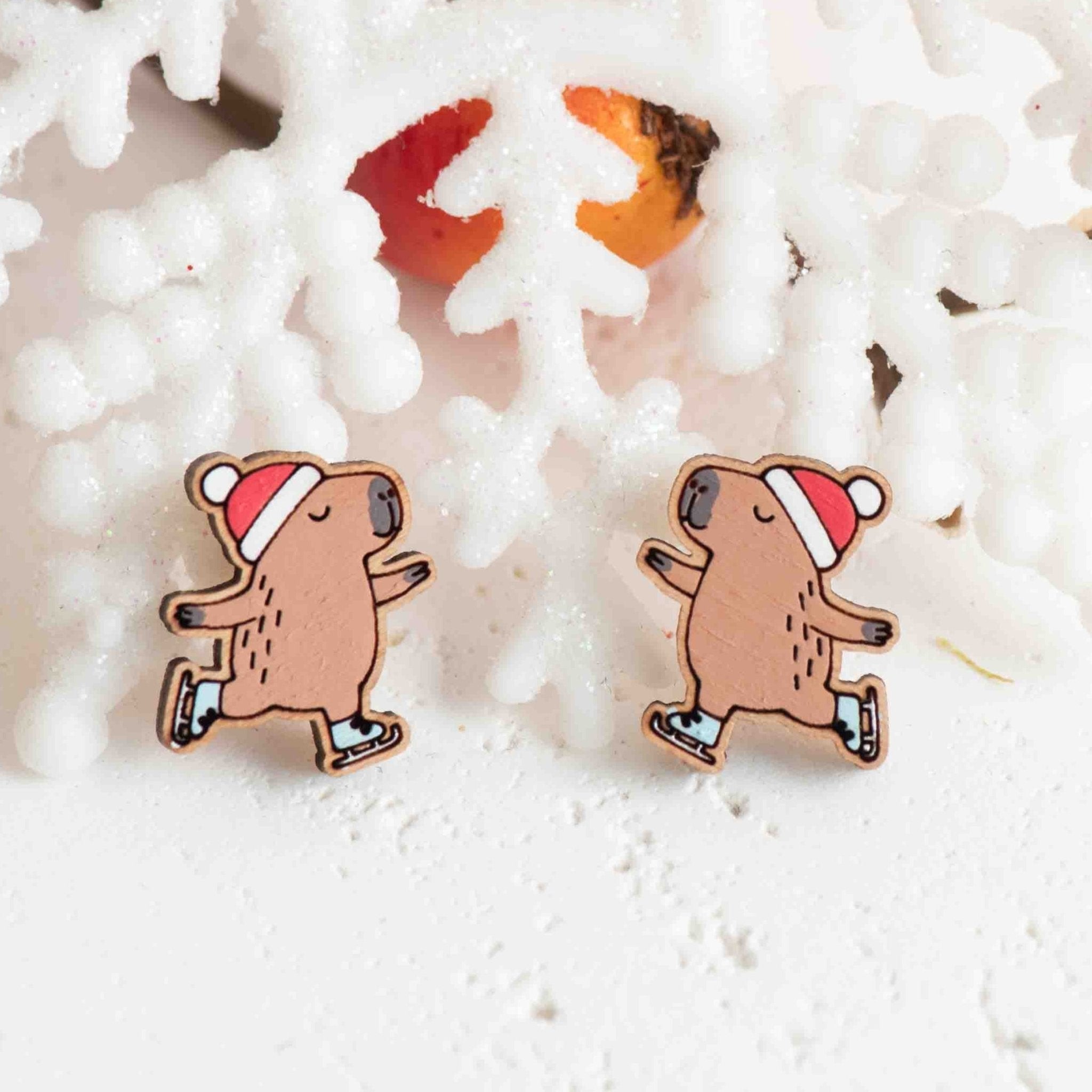 Hand - painted Ice Skating Capybara Wooden Stud Earrings - PEB12122 - Robin Valley Official Store