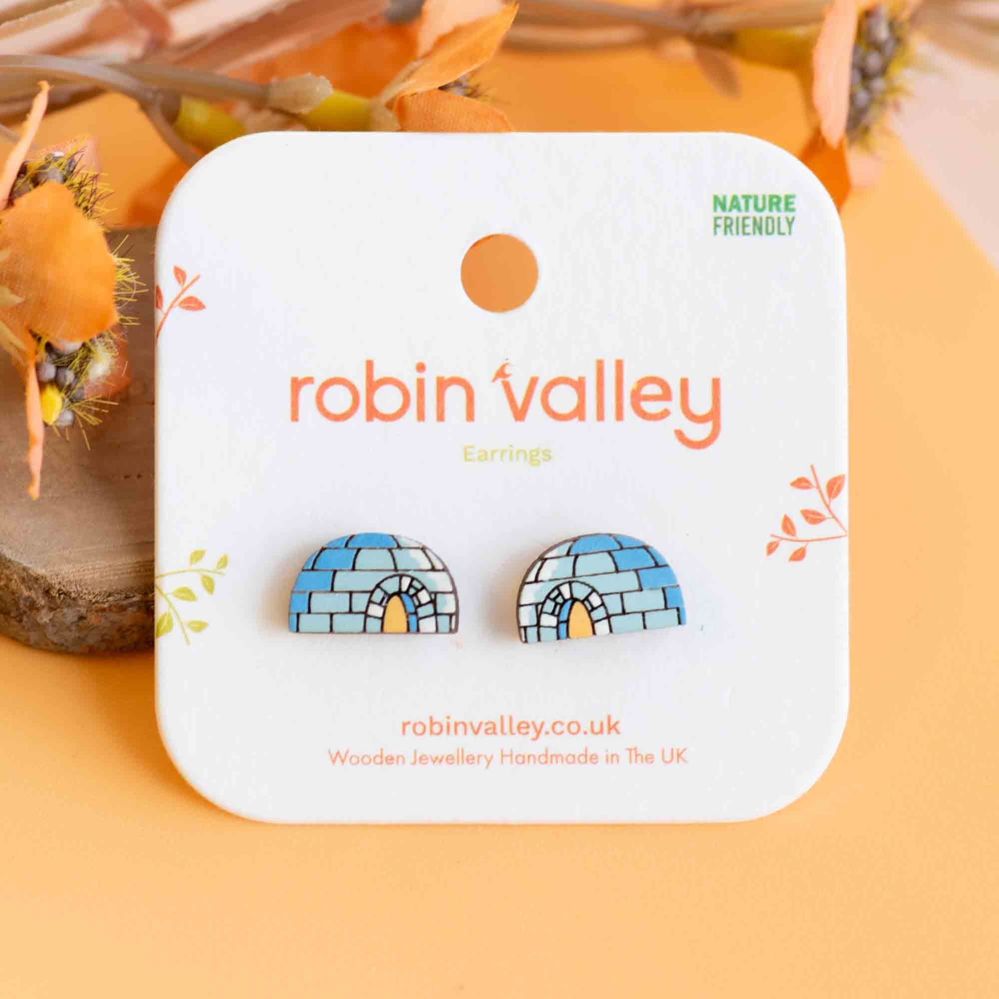 Hand - painted Igloo Wooden Earrings - PET15348 - Robin Valley Official Store