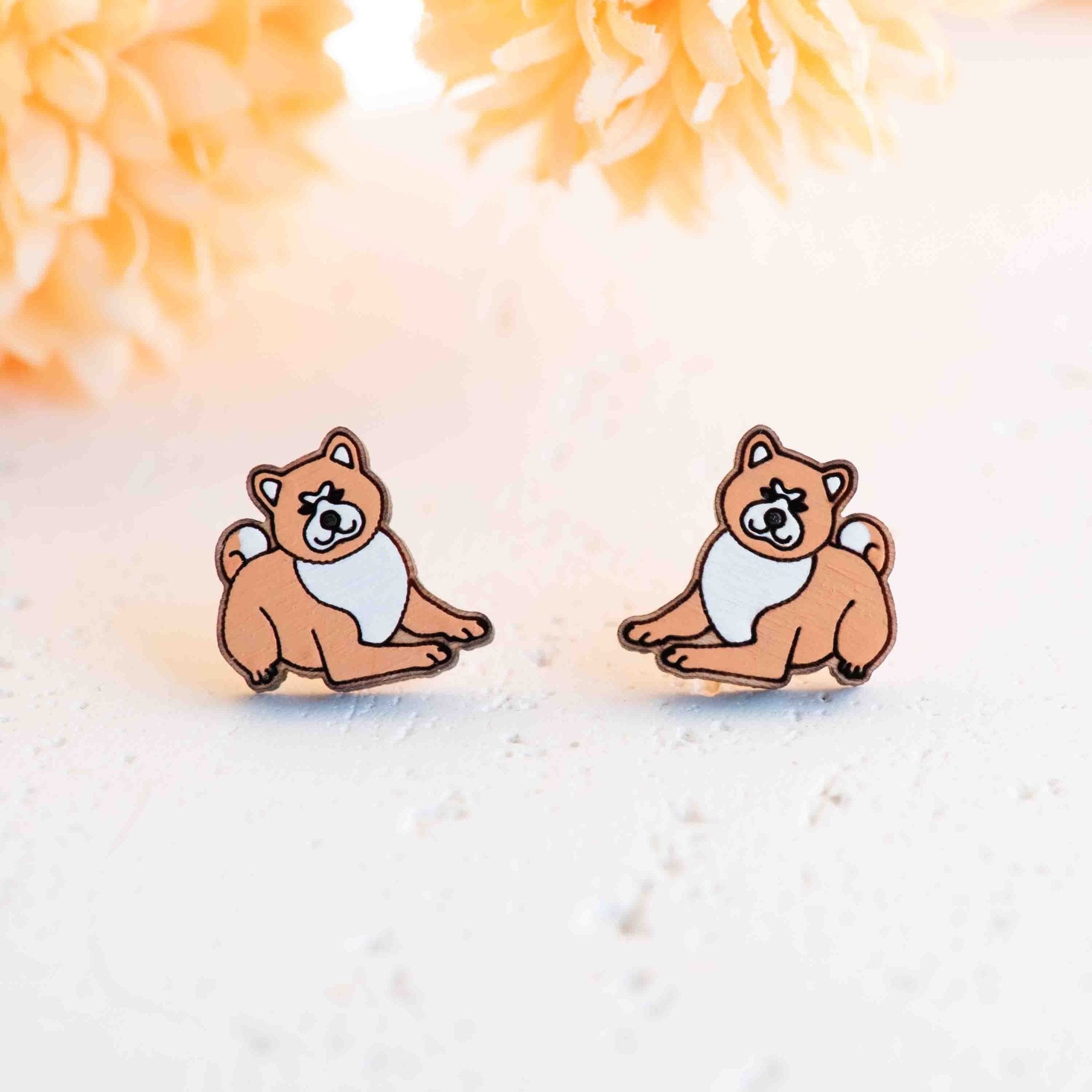Hand - painted Lying Akita Wooden Stud Earrings - PEL10421 - Robin Valley Official Store