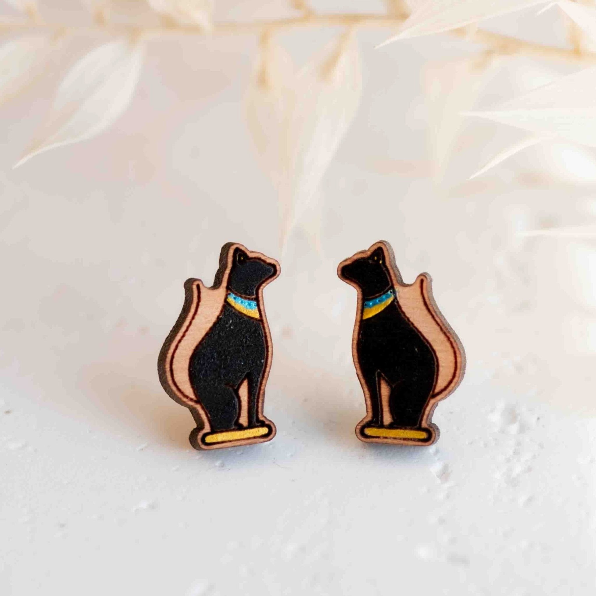 Hand - painted Mafdet Egyptian God Wooden Earrings - PEL10276 - Robin Valley Official Store