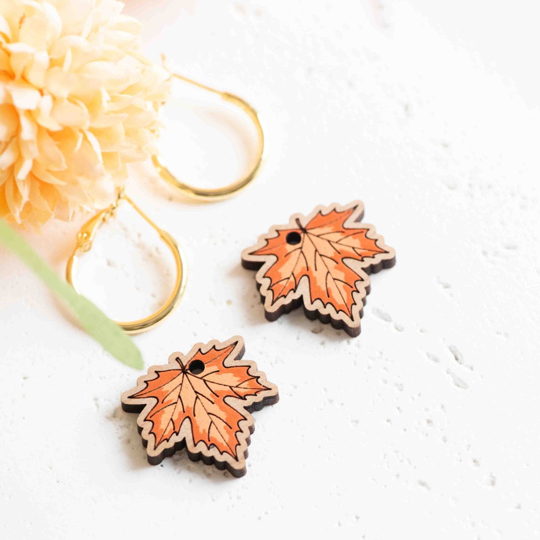 Hand - painted Maple Leaf Wooden Hoop Earrings - PEO14095H - Robin Valley Official Store