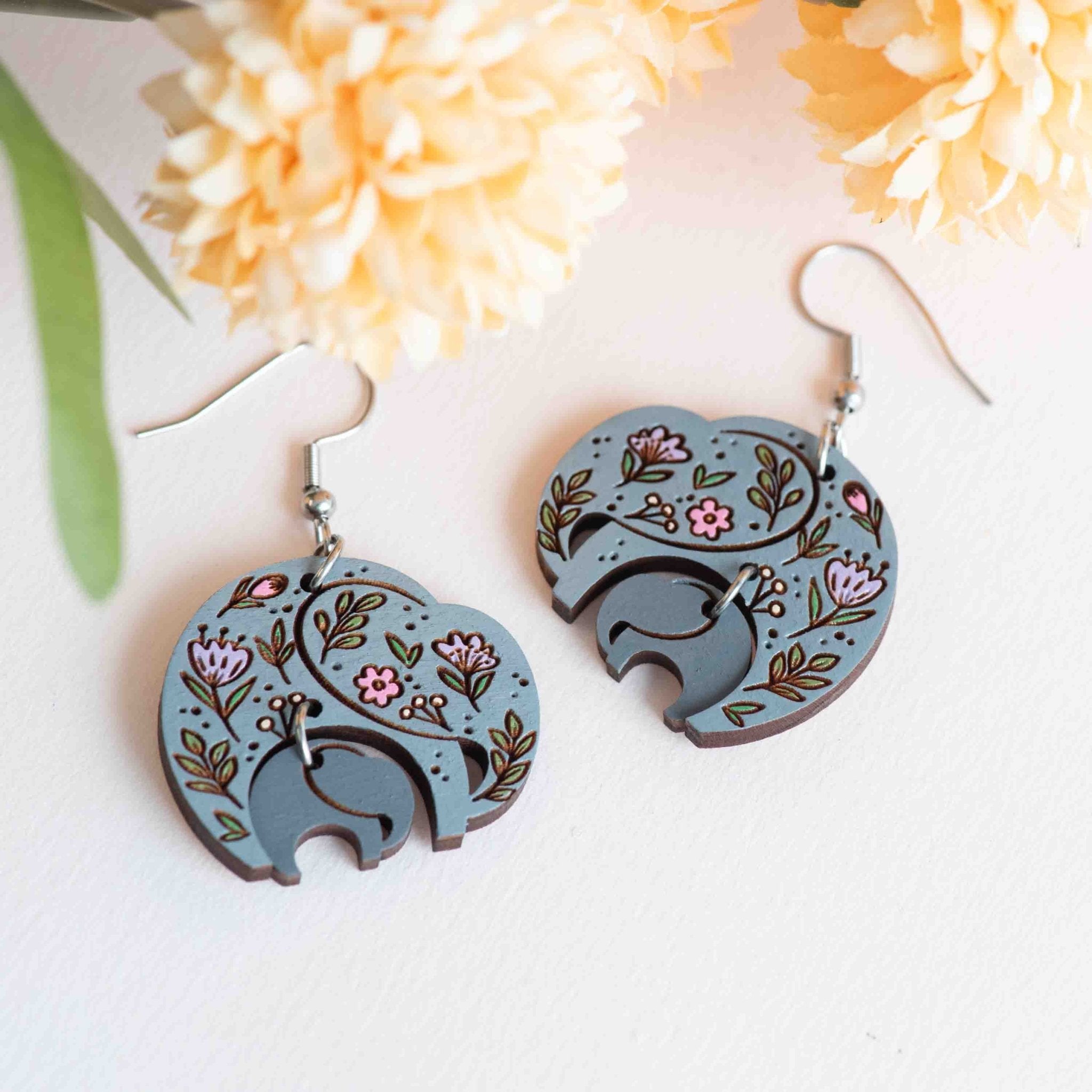 Hand - painted Mother Daughter Flora Elephant Wooden Hook Earrings - PEL10501D - Robin Valley Official Store