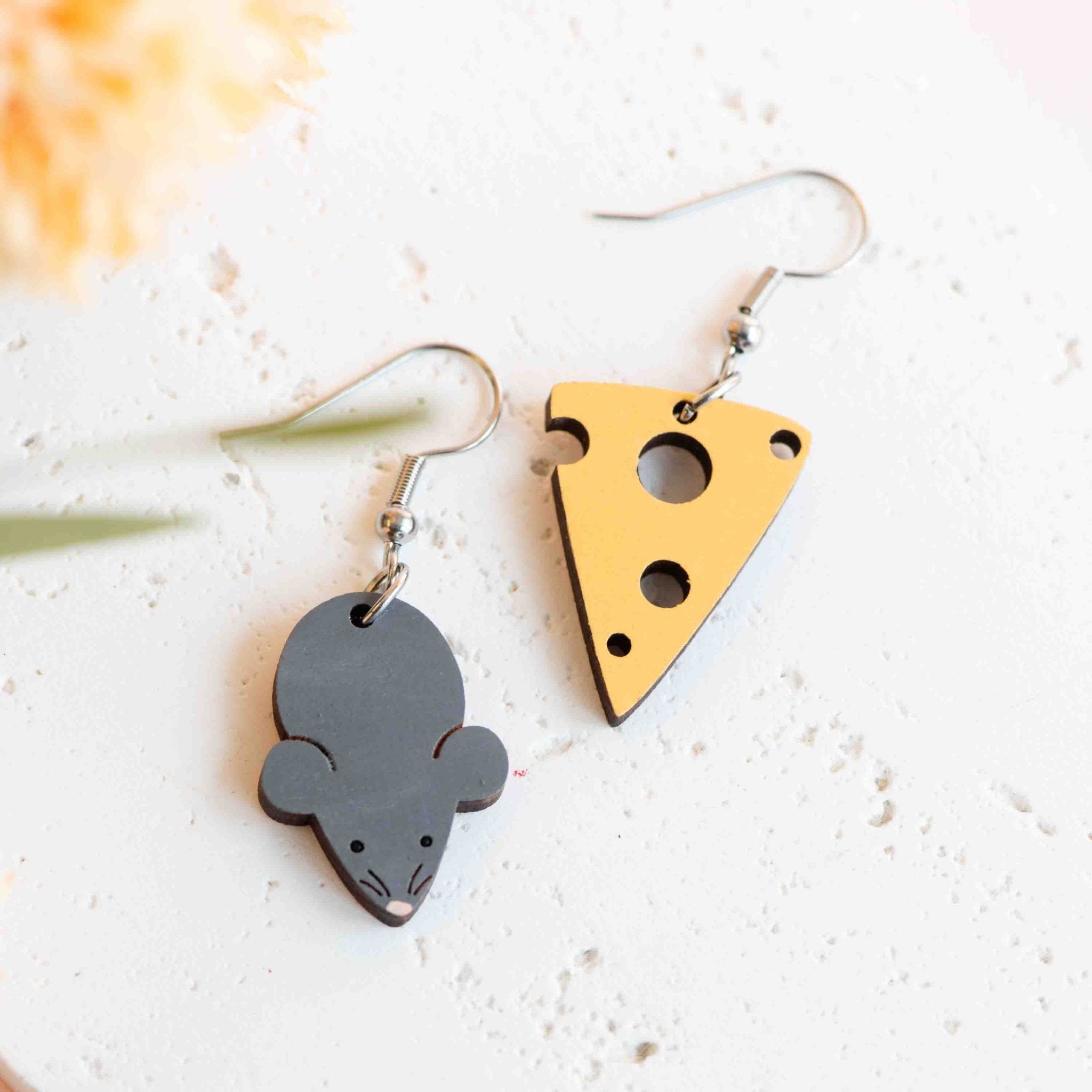 Hand - painted Mouse And Cheese Wooden Hook Earrings - PEL10452D - Robin Valley Official Store