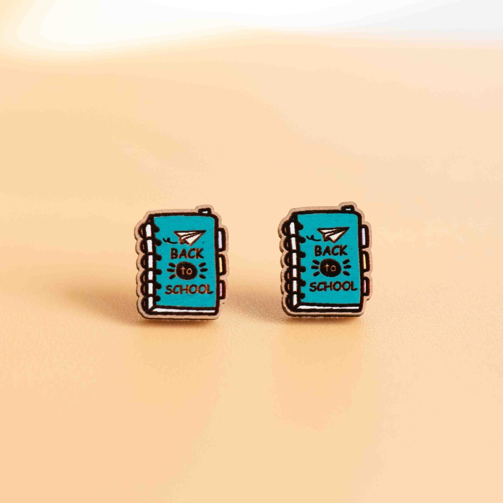 Hand - painted Notebook Back to School Wooden Stud Earrings - PET15474 - Robin Valley Official Store