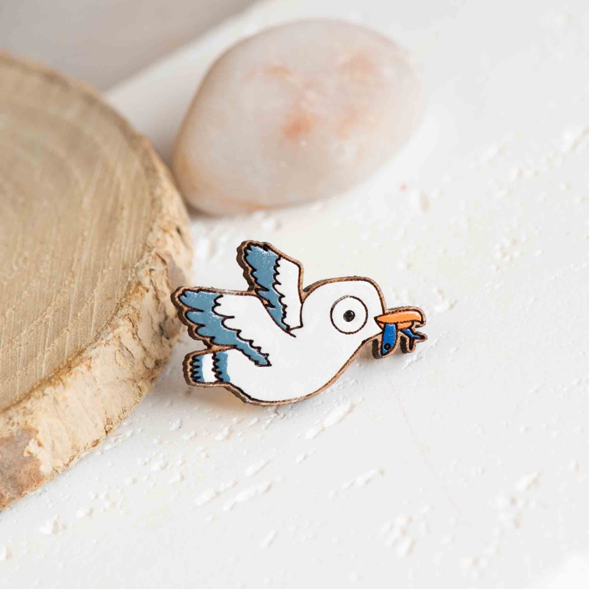 Hand - painted Novelty Seagull Wooden Pin Badge - PB42069 - Robin Valley Official Store