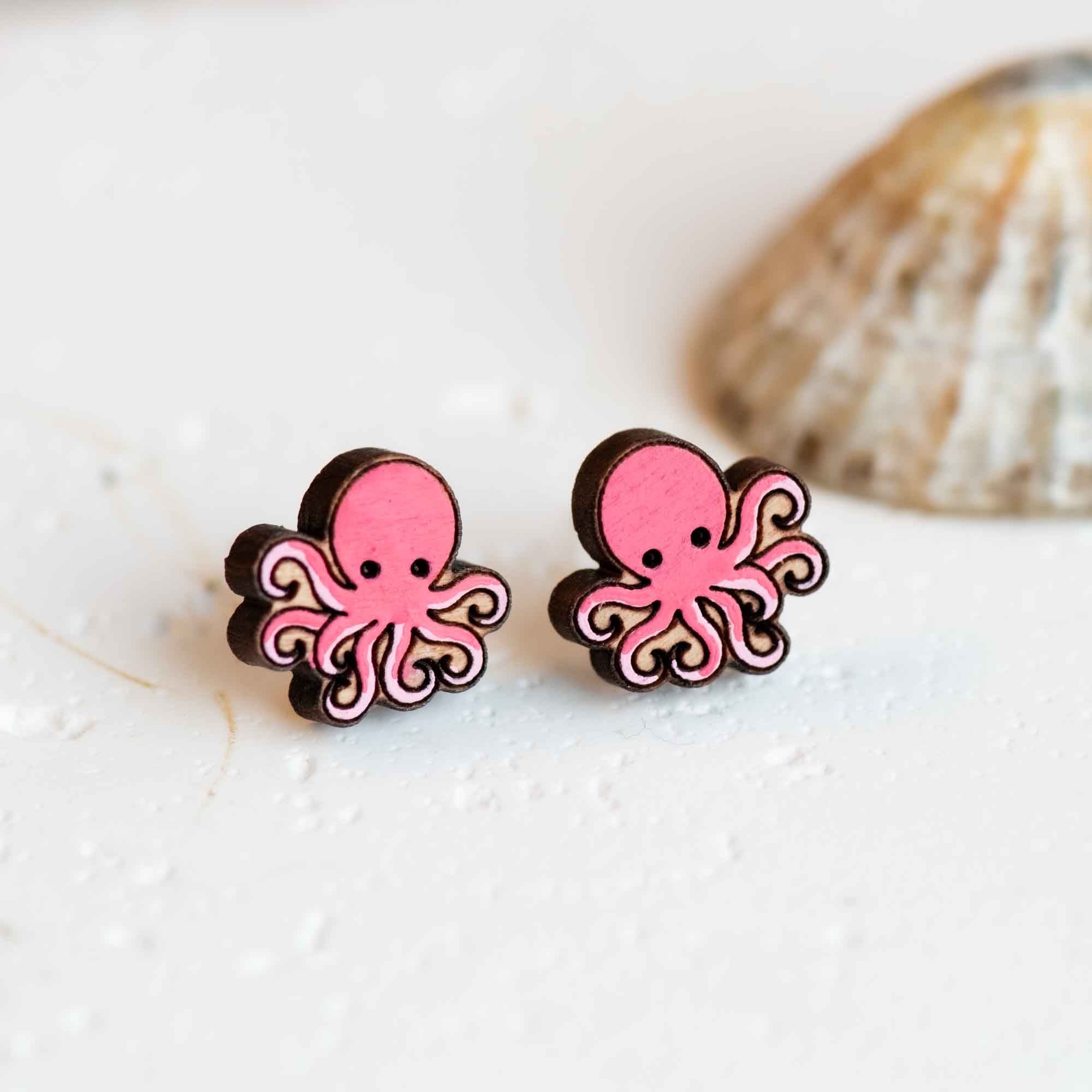 Hand - painted Octopus Wooden Stud Earrings - PES13075 - Robin Valley Official Store