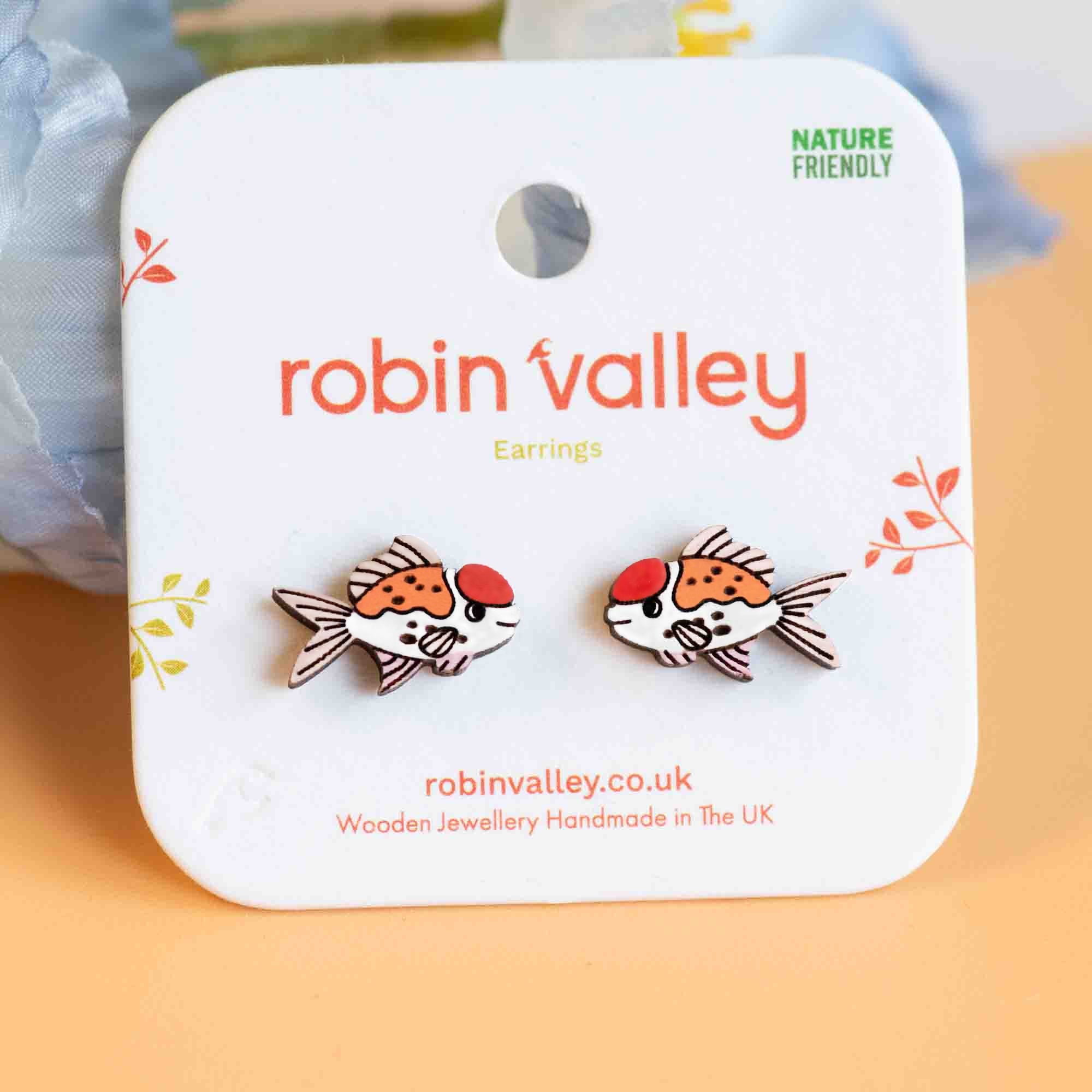 Hand - painted Oranda Goldfish Wooden Stud Earrings - PES13114 - Robin Valley Official Store