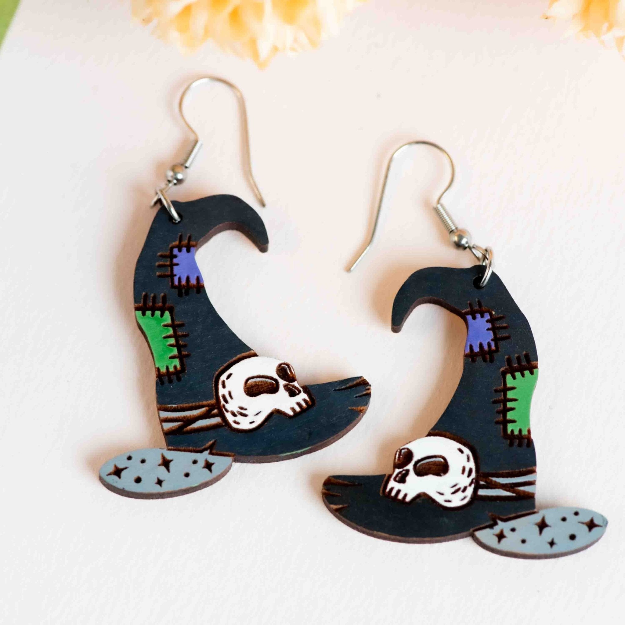 Hand - painted Patched Witch Hat Wooden Hook Earrings - PET15485D - Robin Valley Official Store