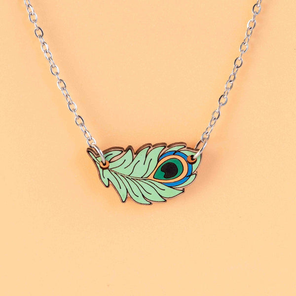 Hand Painted Peacock Feather Wooden Necklace - NT65173 - Robin Valley Official Store
