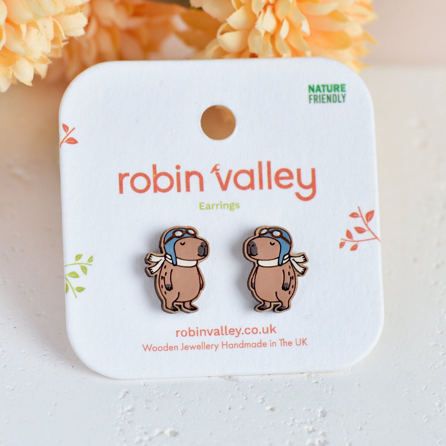 Hand - painted Pilot Capybara Wooden Earrings - Robin Valley Official Store