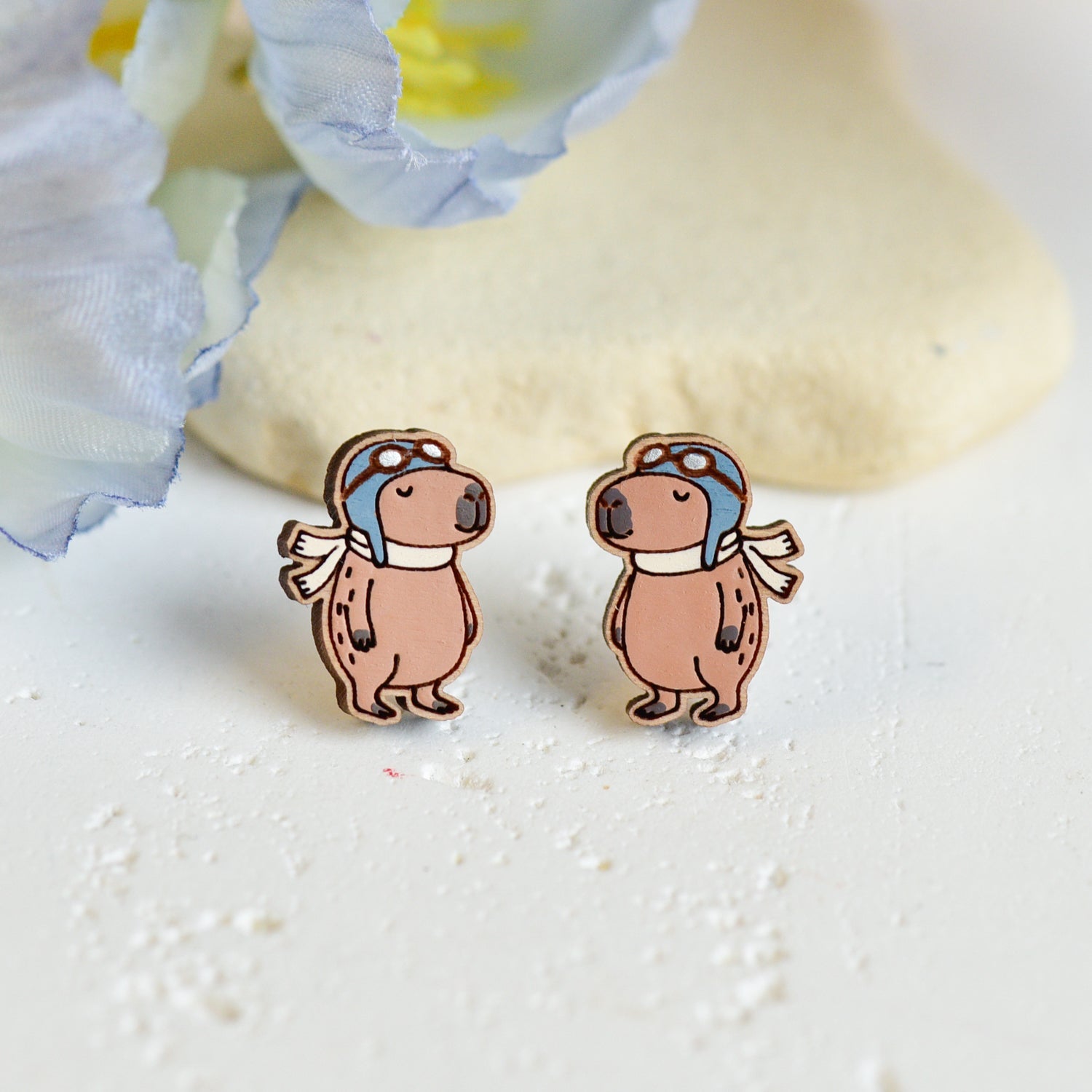 Hand - painted Pilot Capybara Wooden Earrings - Robin Valley Official Store