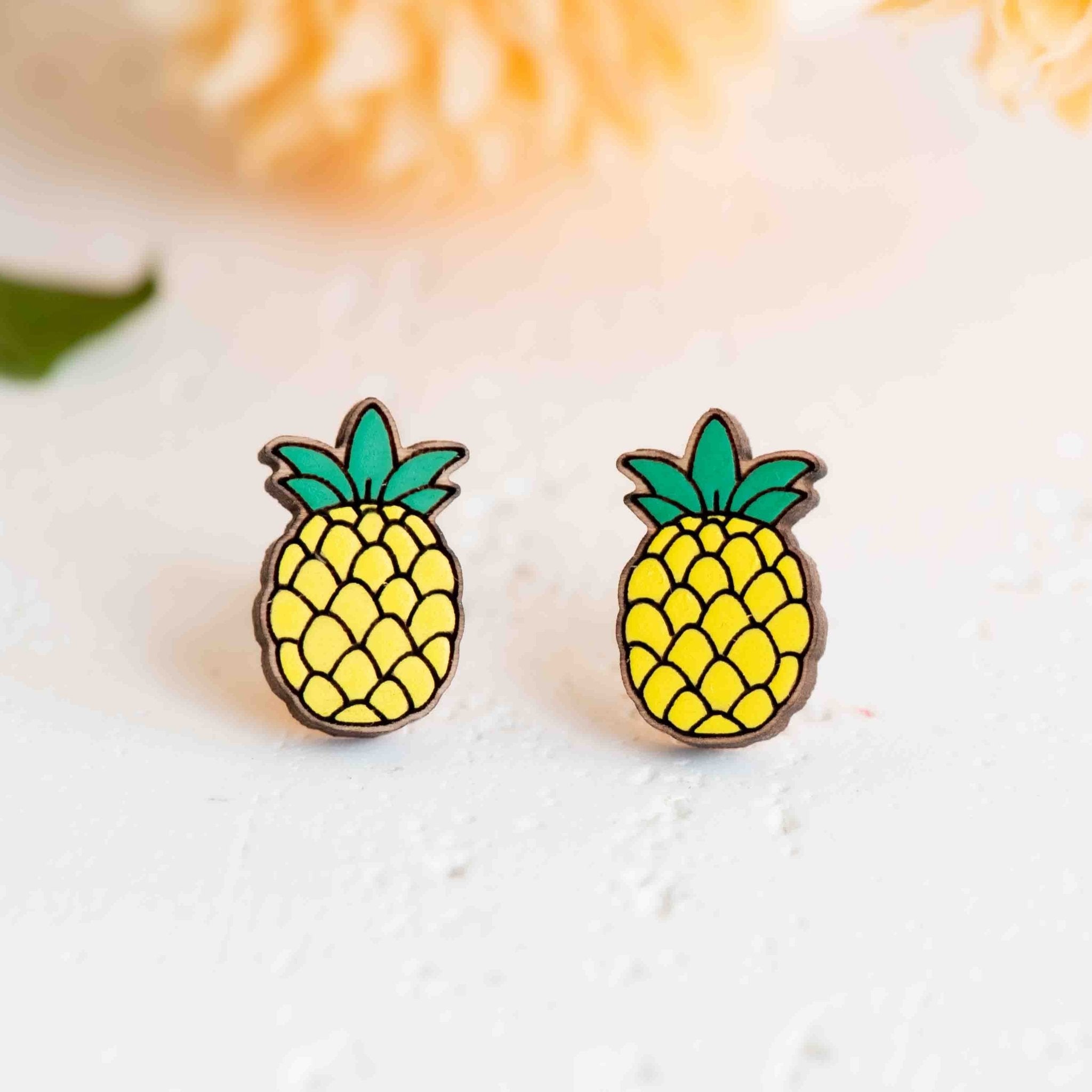 Hand - painted Pineapple Wooden Stud Earrings - PEO14143 - Robin Valley Official Store