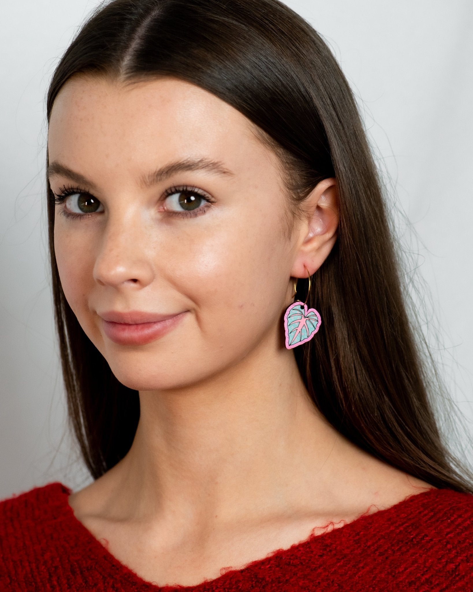 Hand - painted Pink Alocasia Leaf Hoop Earrings - PEO14163H - Robin Valley Official Store