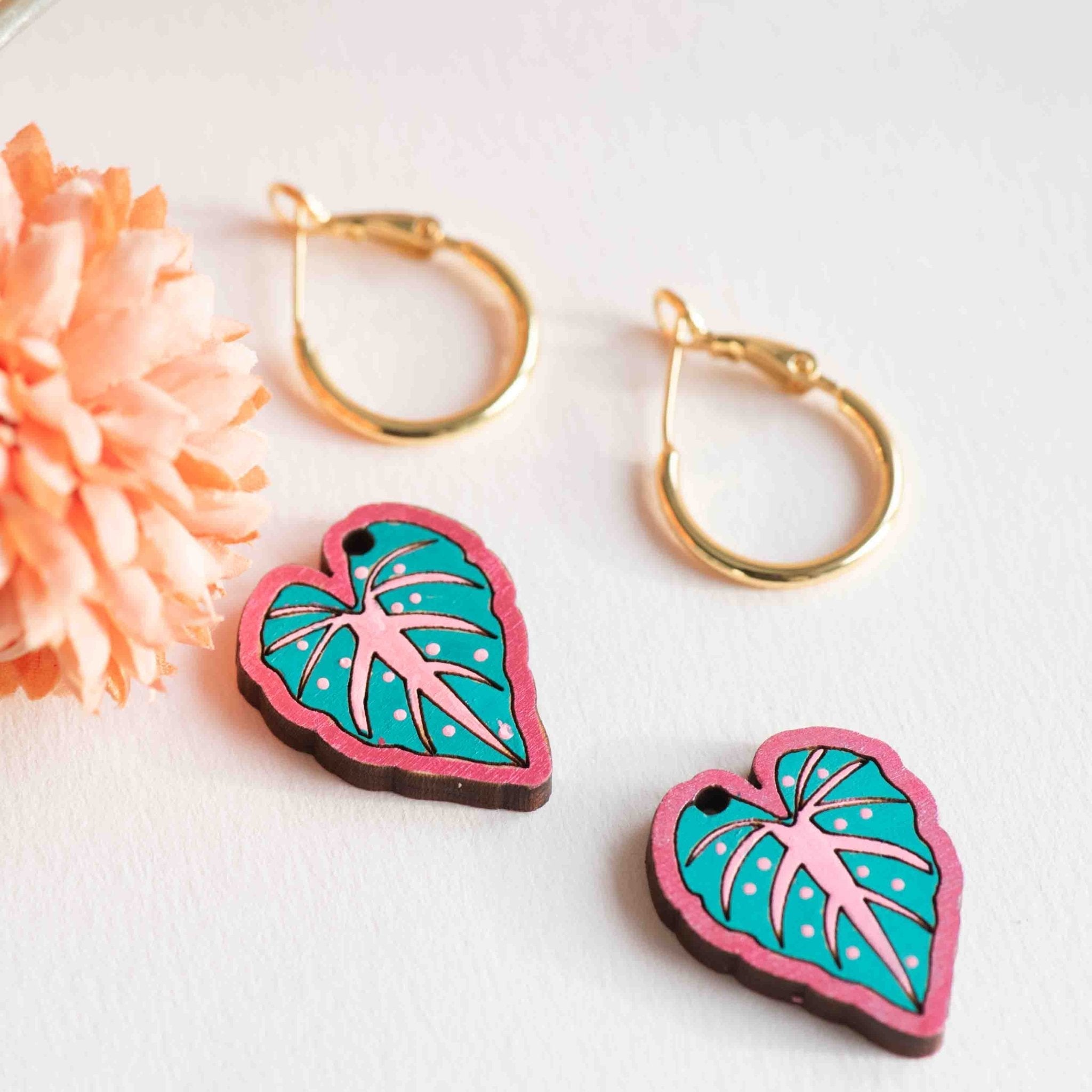 Hand - painted Pink Alocasia Leaf Hoop Earrings - PEO14163H - Robin Valley Official Store