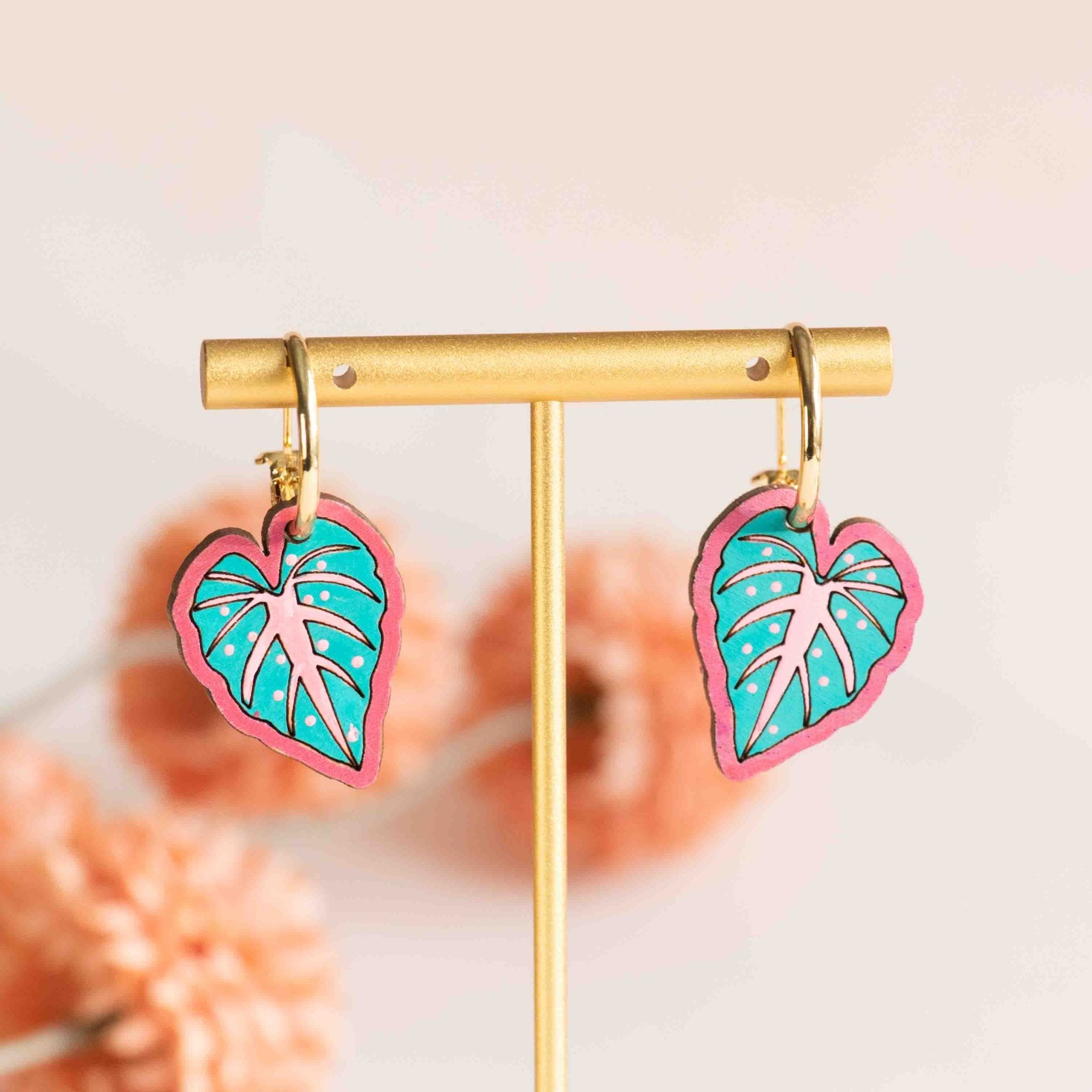 Hand - painted Pink Alocasia Leaf Hoop Earrings - PEO14163H - Robin Valley Official Store