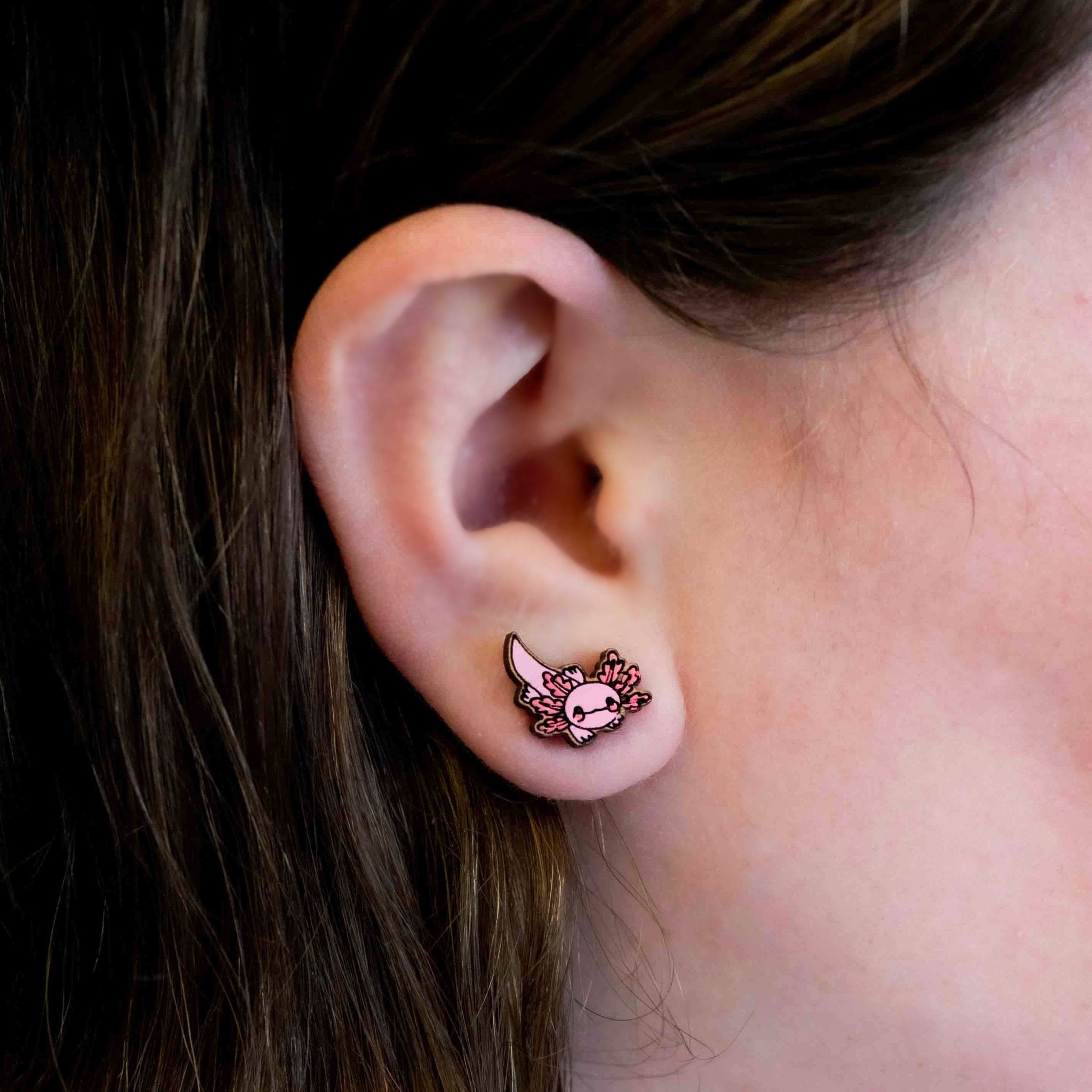 Hand - painted Pink Axolotl Cherry Wood Stud Earrings - PES13042 - Robin Valley Official Store