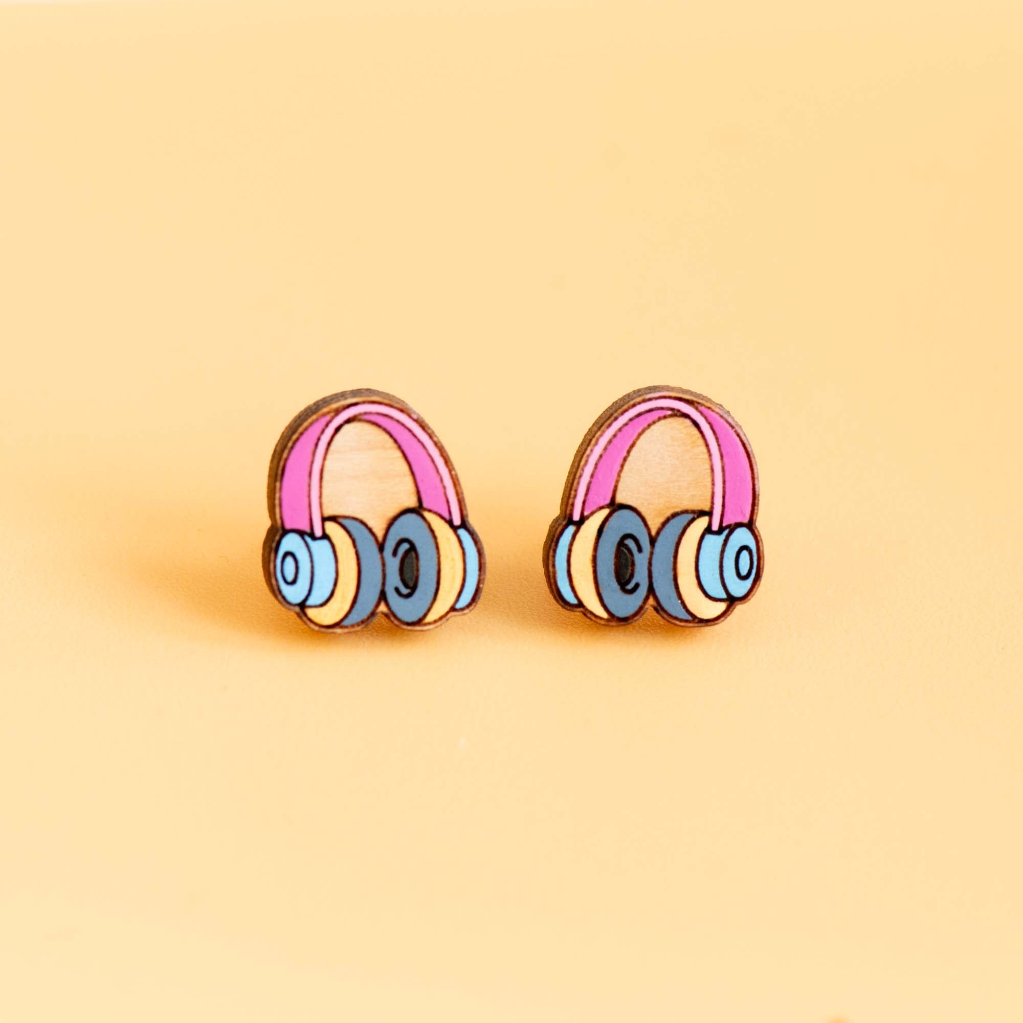 Hand - painted Pink Headphone Wooden Earrings - PET15331 - Robin Valley Official Store