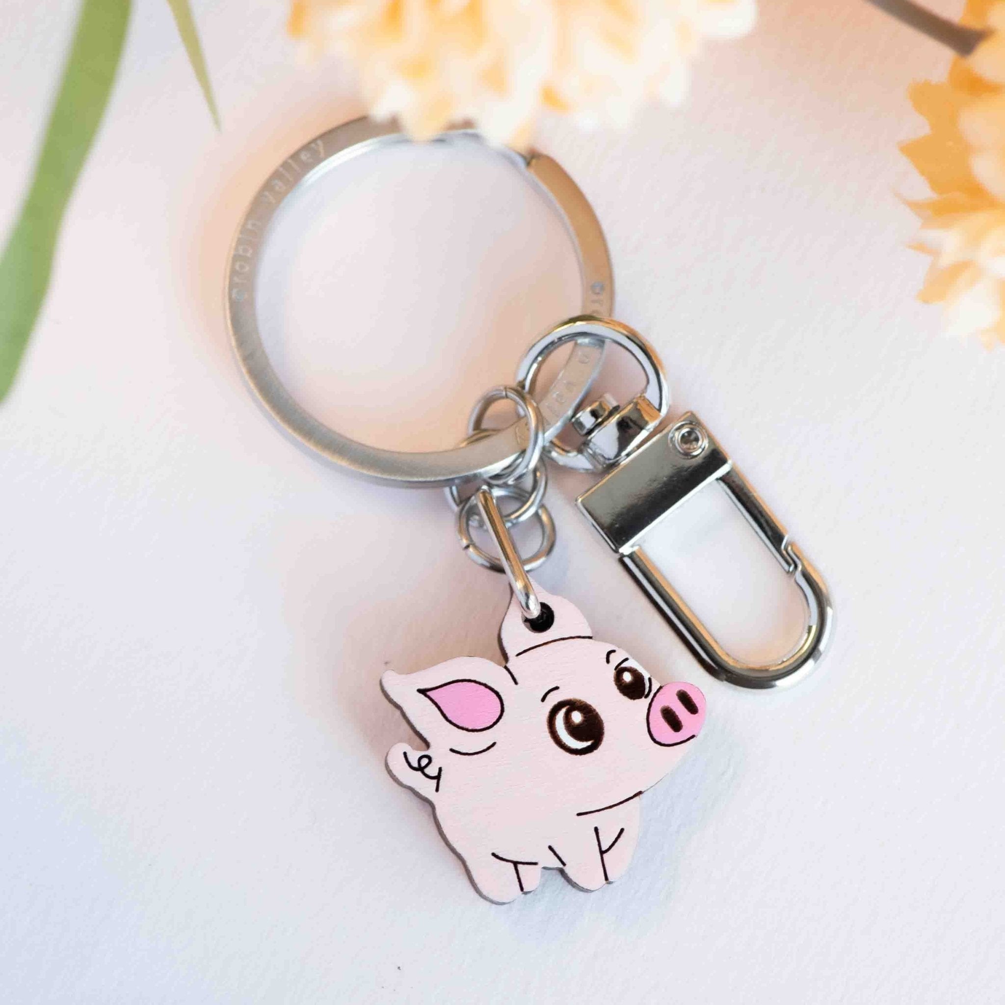 Hand - painted Pink Pig Wooden Keyring - KL20018 - Robin Valley Official Store