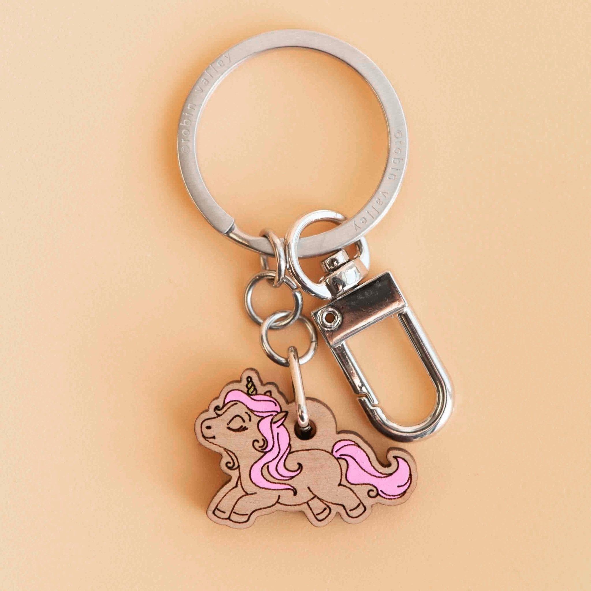 Hand - painted Pink Unicorn Wooden Keyring - KO24055 - Robin Valley Official Store