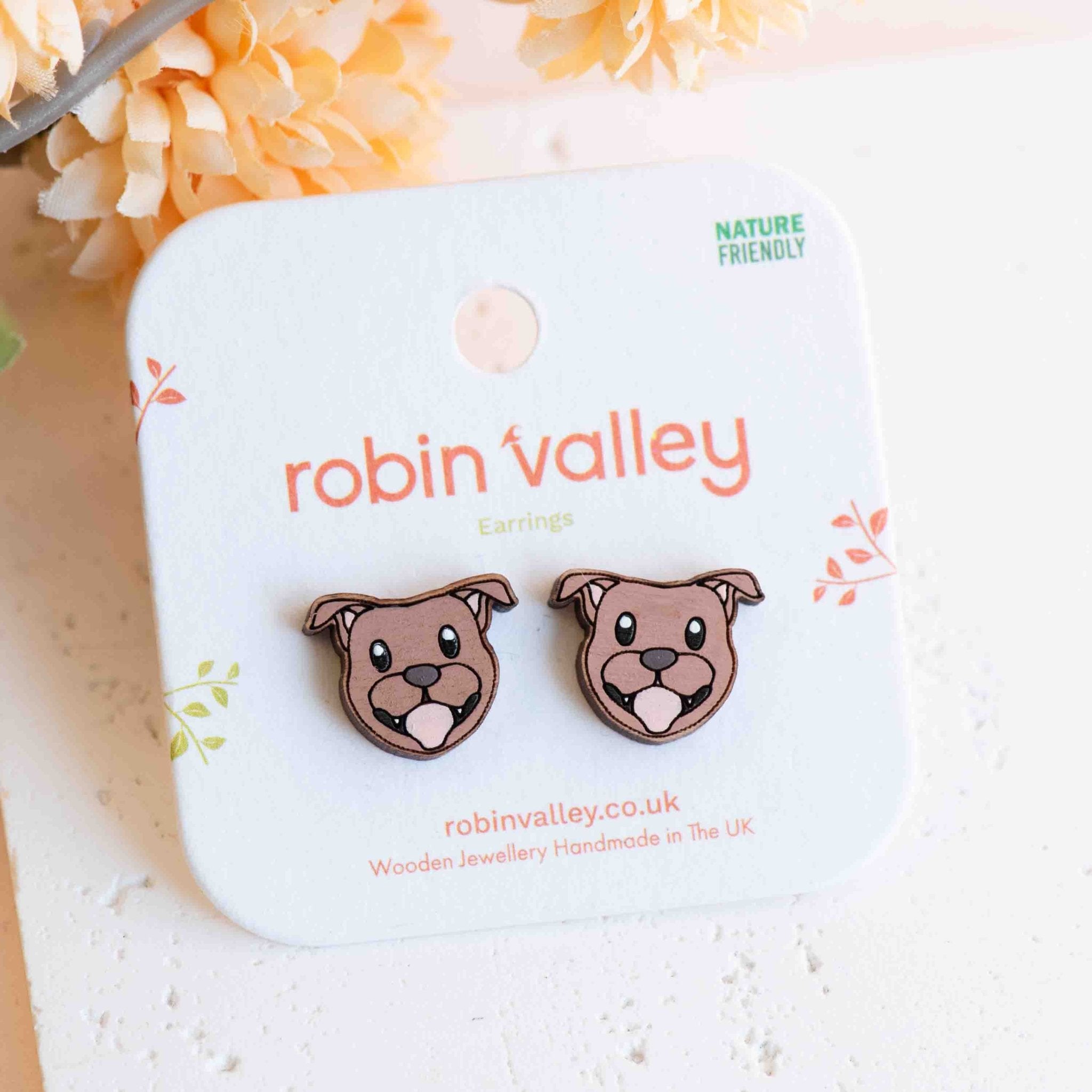 Hand - painted Pit Bull Dog Wooden Stud Earrings - PEL10422 - Robin Valley Official Store