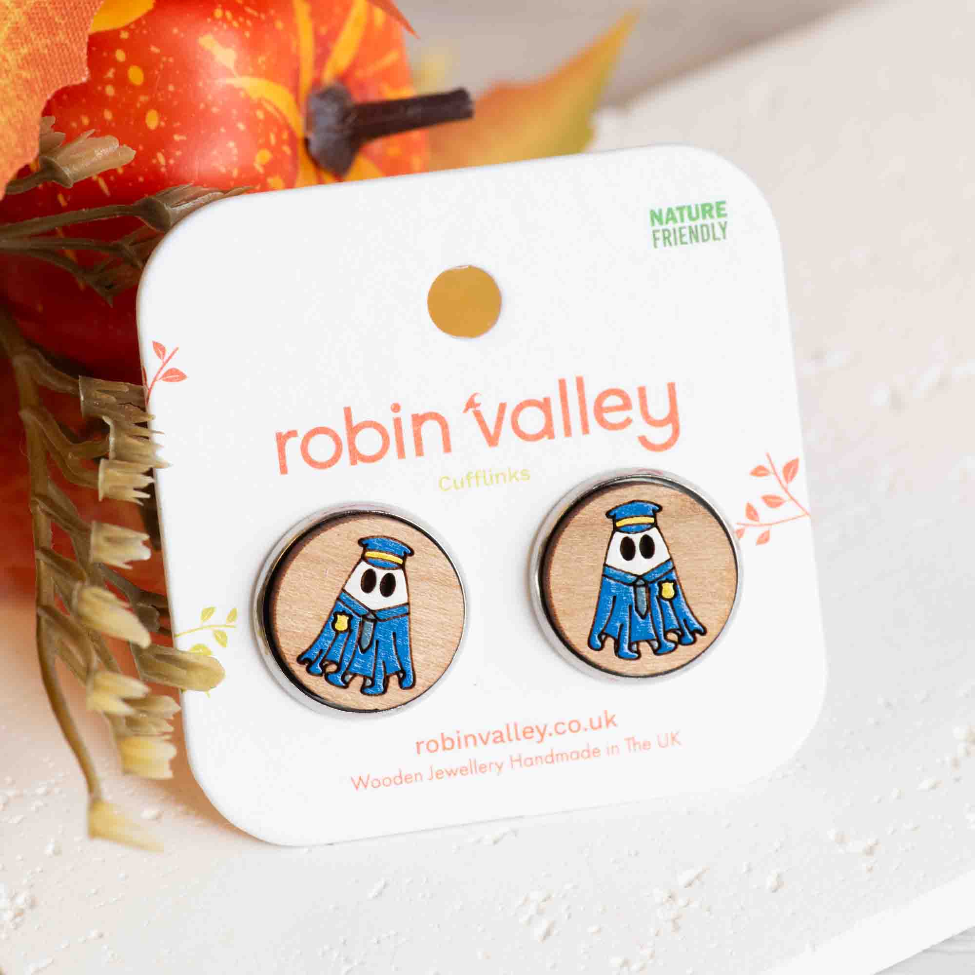 Hand - painted Police Ghost Wooden Cufflinks - CT35293 - Robin Valley Official Store