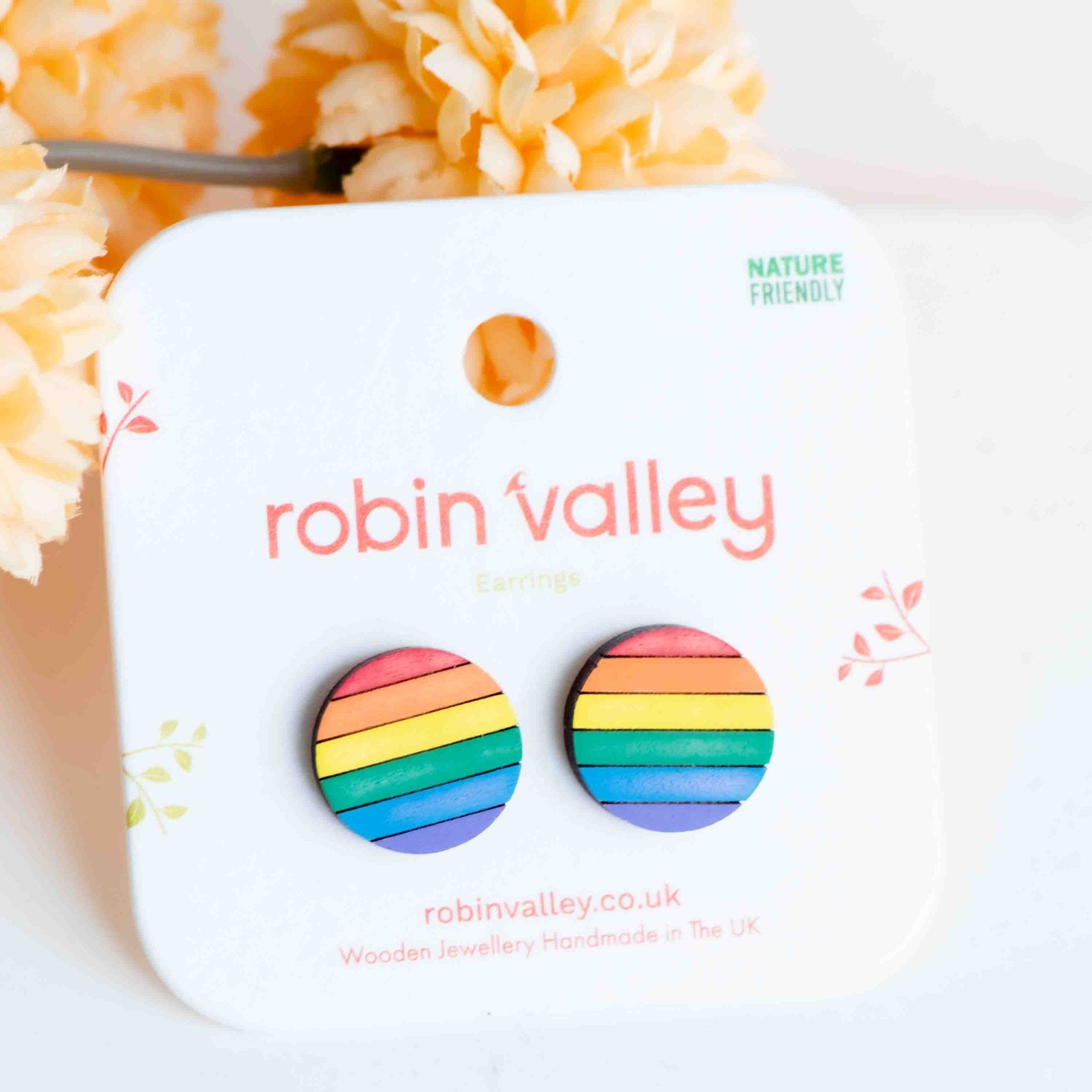 Hand - painted Pride Flag Rainbow Round Wooden Stud Earrings - PET15468 - Robin Valley Official Store