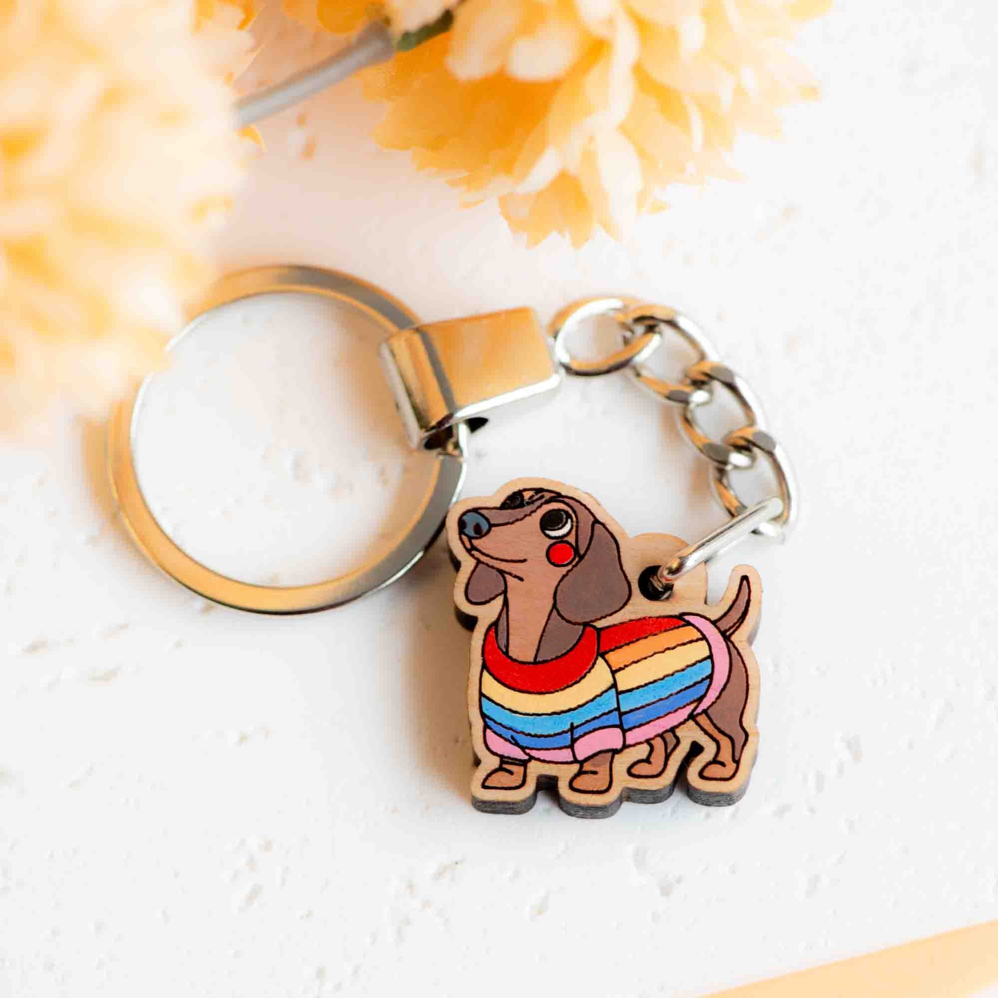 Hand - painted Rainbow Jumper Dachshund Wooden Keyring - KL20309 - Robin Valley Official Store