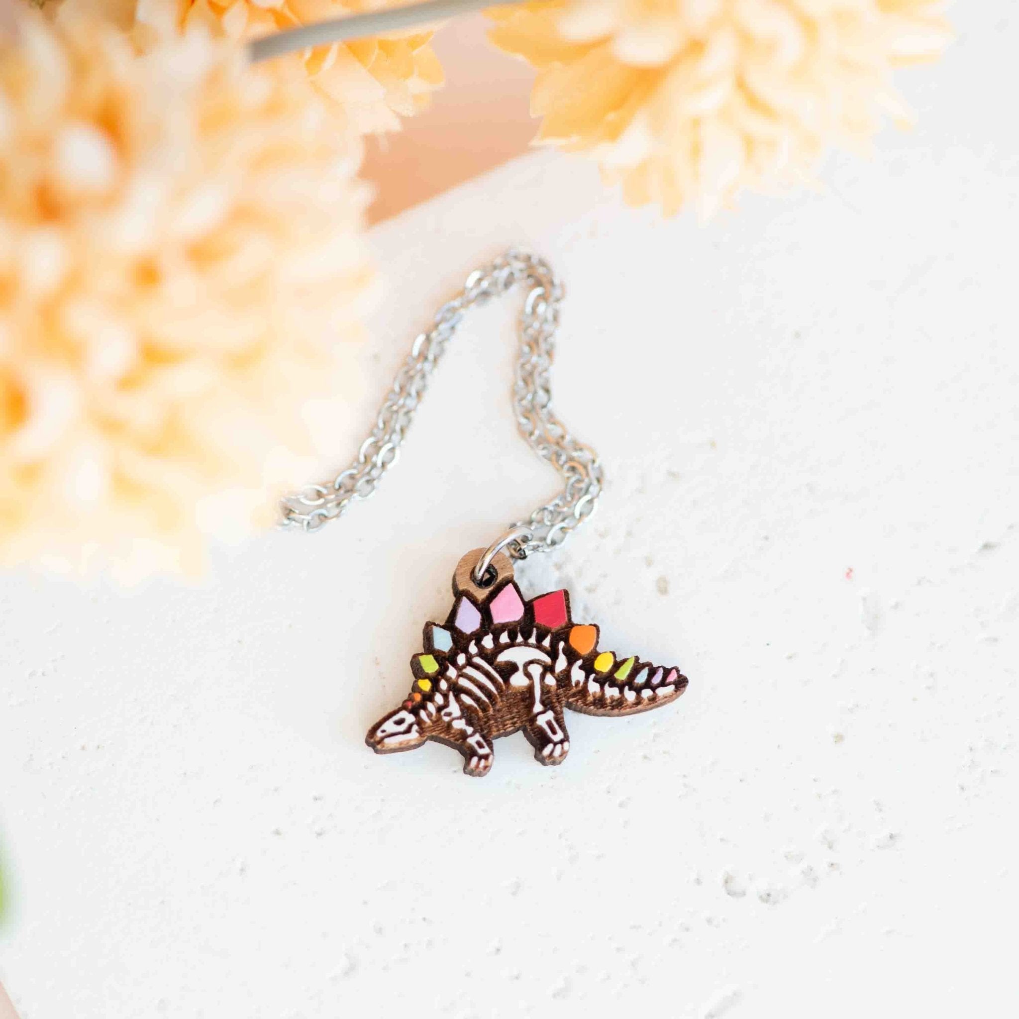 Hand Painted Rainbow Stegosaurus Skeleton Wooden Necklace - NO64010 - Robin Valley Official Store