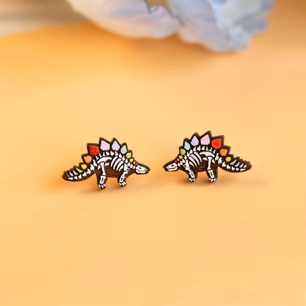 Hand - painted Rainbow Stegosaurus Wooden Stud Earrings - PEO14010R - Robin Valley Official Store