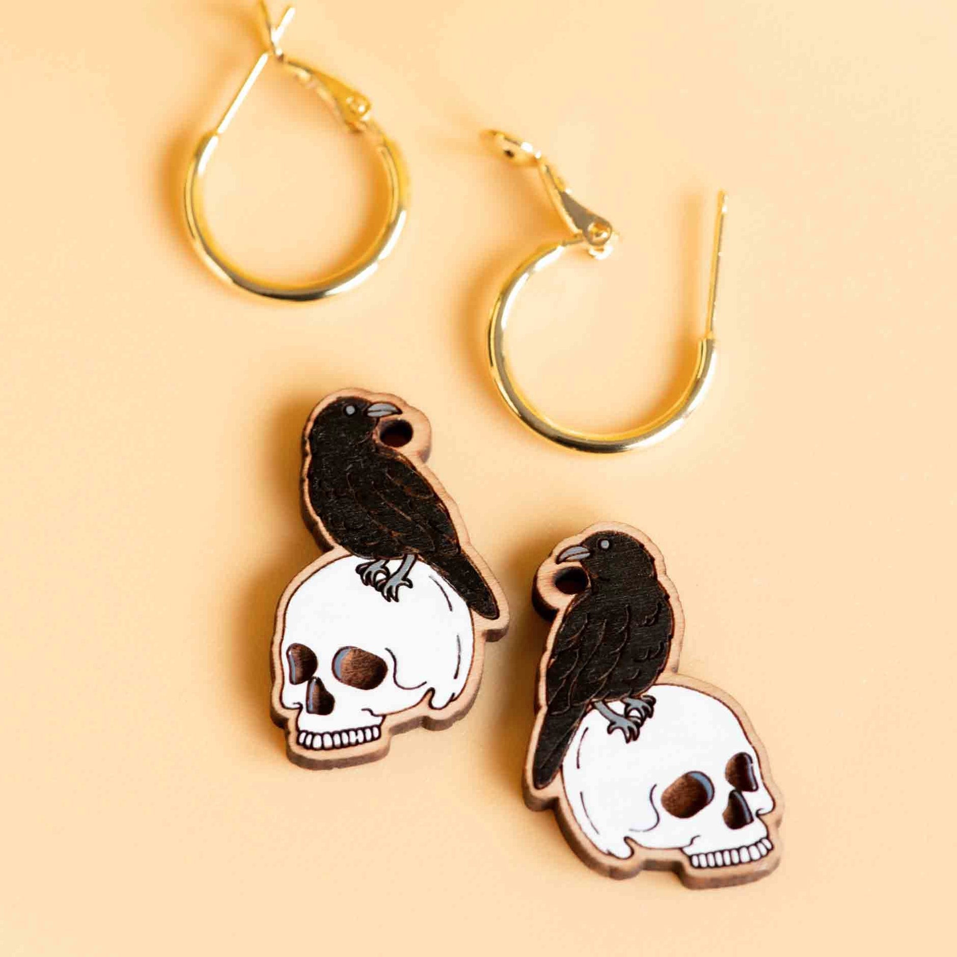 Hand - Painted Raven and Skull Hoop Earrings - PET15282H - Robin Valley Official Store