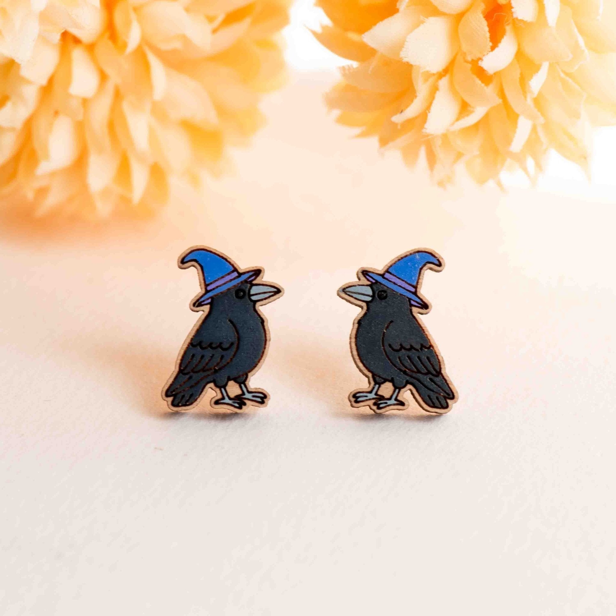 Hand - painted Raven Witch Wooden Stud Earrings - PEB12123 - Robin Valley Official Store